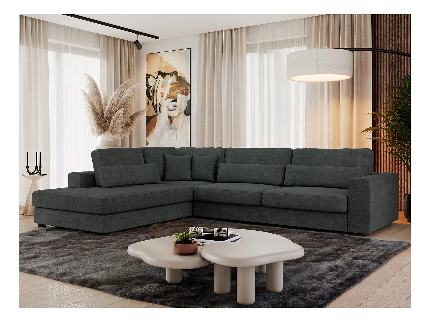 Ecksofa SAVONA - mit Armlehnen, lose Kissen, große L-förmige Ecke, Wohnlandschaft - Dunkelgrau Strukture - Ecke Links