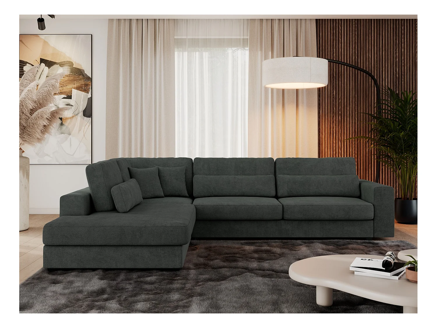 Ecksofa SAVONA - mit Armlehnen, lose Kissen, große L-förmige Ecke, Wohnlandschaft - Dunkelgrau Strukture - Ecke Links