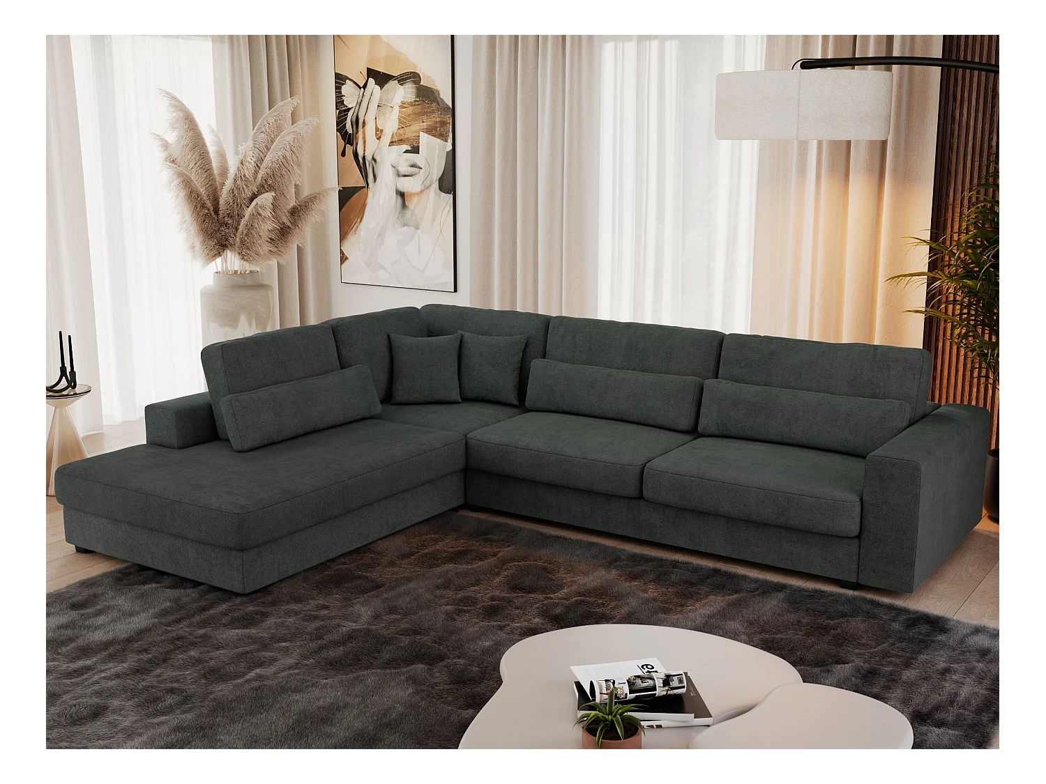 Ecksofa SAVONA - mit Armlehnen, lose Kissen, große L-förmige Ecke, Wohnlandschaft - Dunkelgrau Strukture - Ecke Links