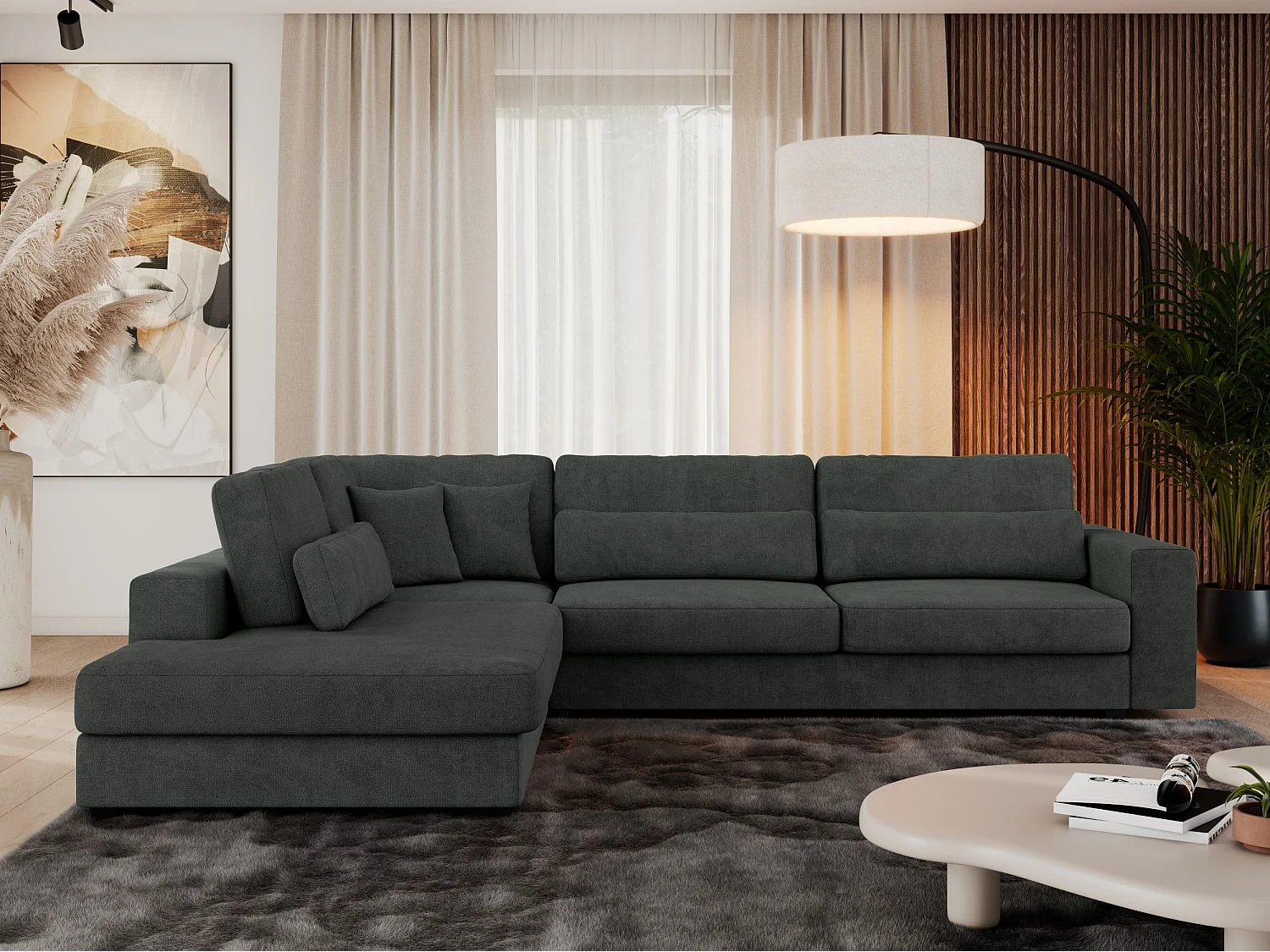 Ecksofa SAVONA - mit Armlehnen, lose Kissen, große L-förmige Ecke, Wohnlandschaft - Dunkelgrau Strukture - Ecke Links