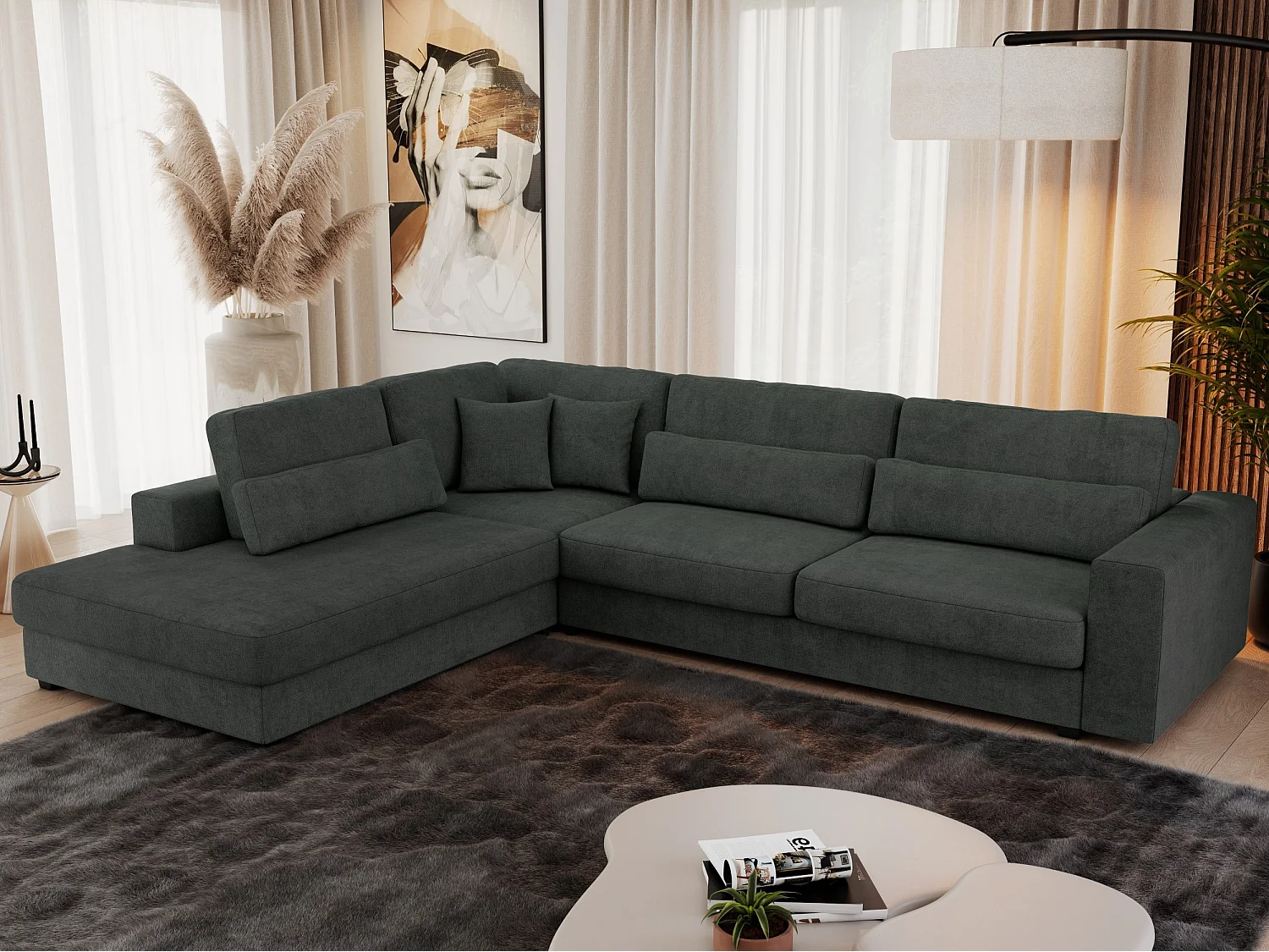 Ecksofa SAVONA - mit Armlehnen, lose Kissen, große L-förmige Ecke, Wohnlandschaft - Dunkelgrau Strukture - Ecke Links