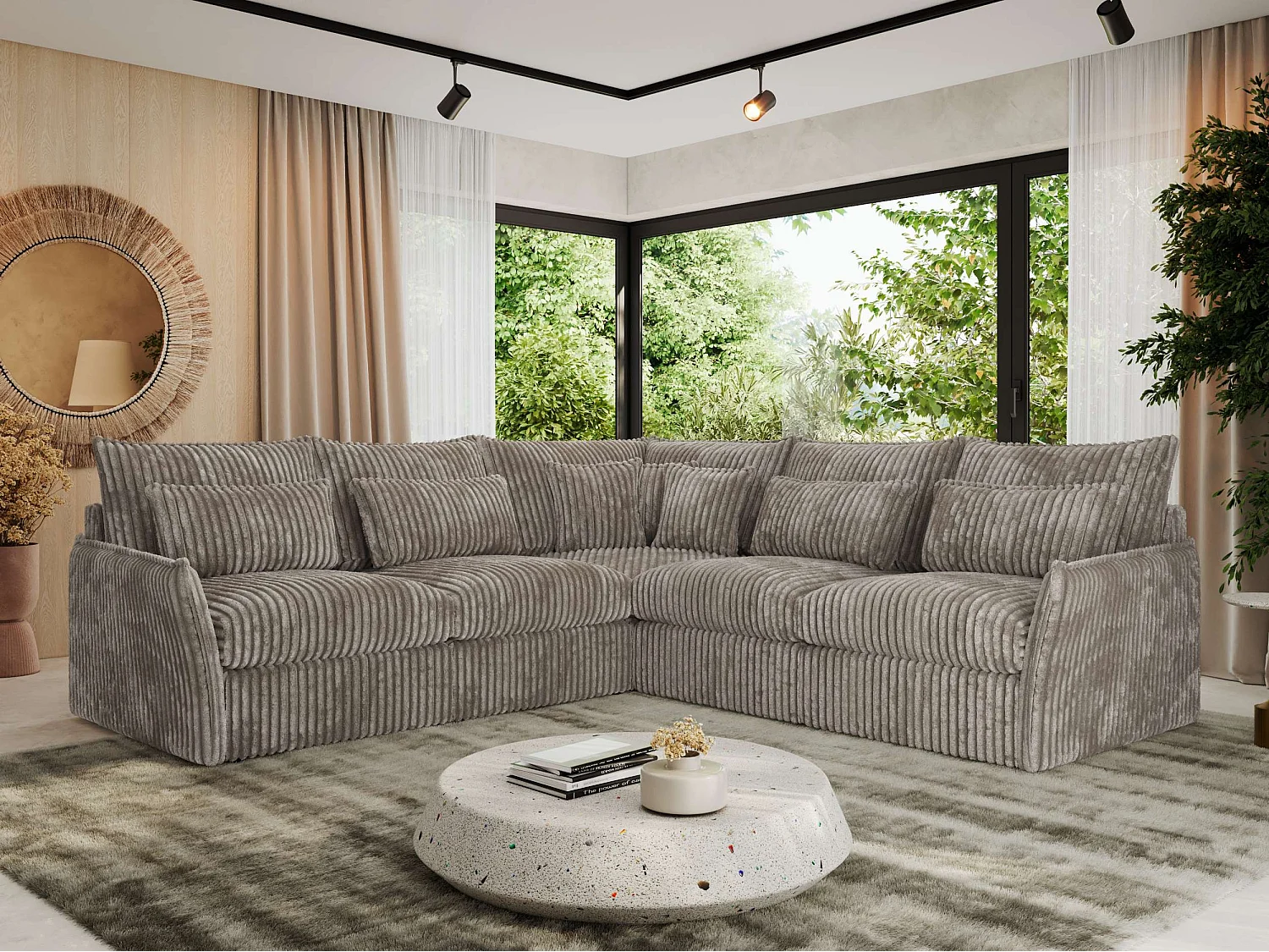 Ecksofa VERSO - modulare L-förmige Ecke, lose Kissen, Wohnlandschaft - Hellbraun Cord