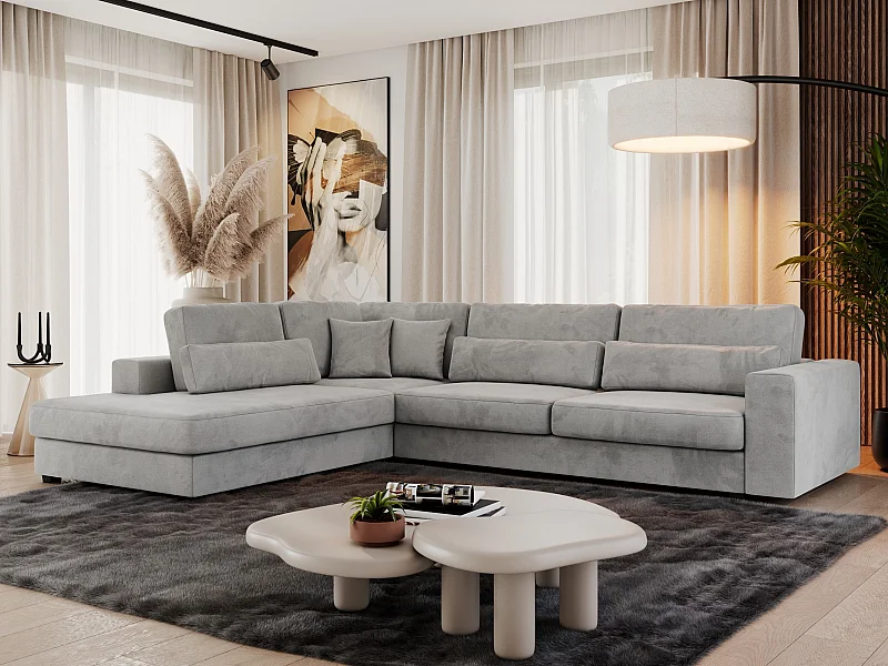 Ecksofa SAVONA - mit Armlehnen, lose Kissen, große L-förmige Ecke, Wohnlandschaft - Hellgrau Velvet - Ecke Links