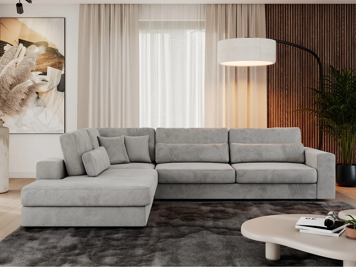 Ecksofa SAVONA - mit Armlehnen, lose Kissen, große L-förmige Ecke, Wohnlandschaft - Hellgrau Velvet - Ecke Links