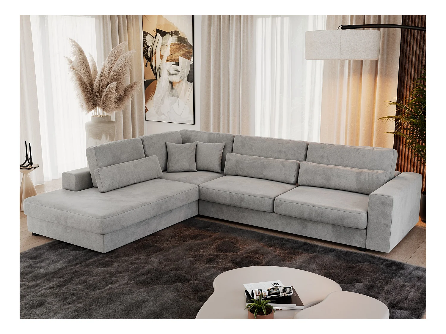 Ecksofa SAVONA - mit Armlehnen, lose Kissen, große L-förmige Ecke, Wohnlandschaft - Hellgrau Velvet - Ecke Links