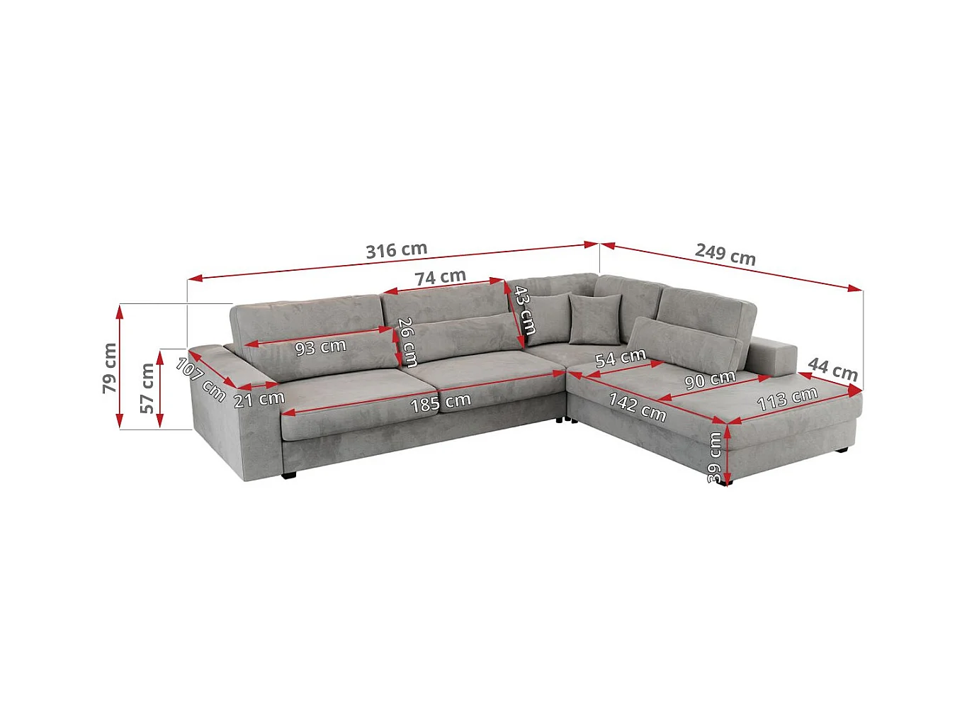 Ecksofa SAVONA - mit Armlehnen, lose Kissen, große L-förmige Ecke, Wohnlandschaft - Hellgrau Velvet - Ecke Links