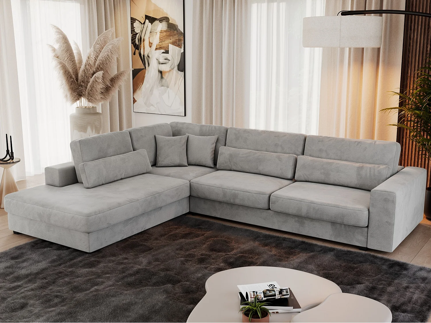 Ecksofa SAVONA - mit Armlehnen, lose Kissen, große L-förmige Ecke, Wohnlandschaft - Hellgrau Velvet - Ecke Links