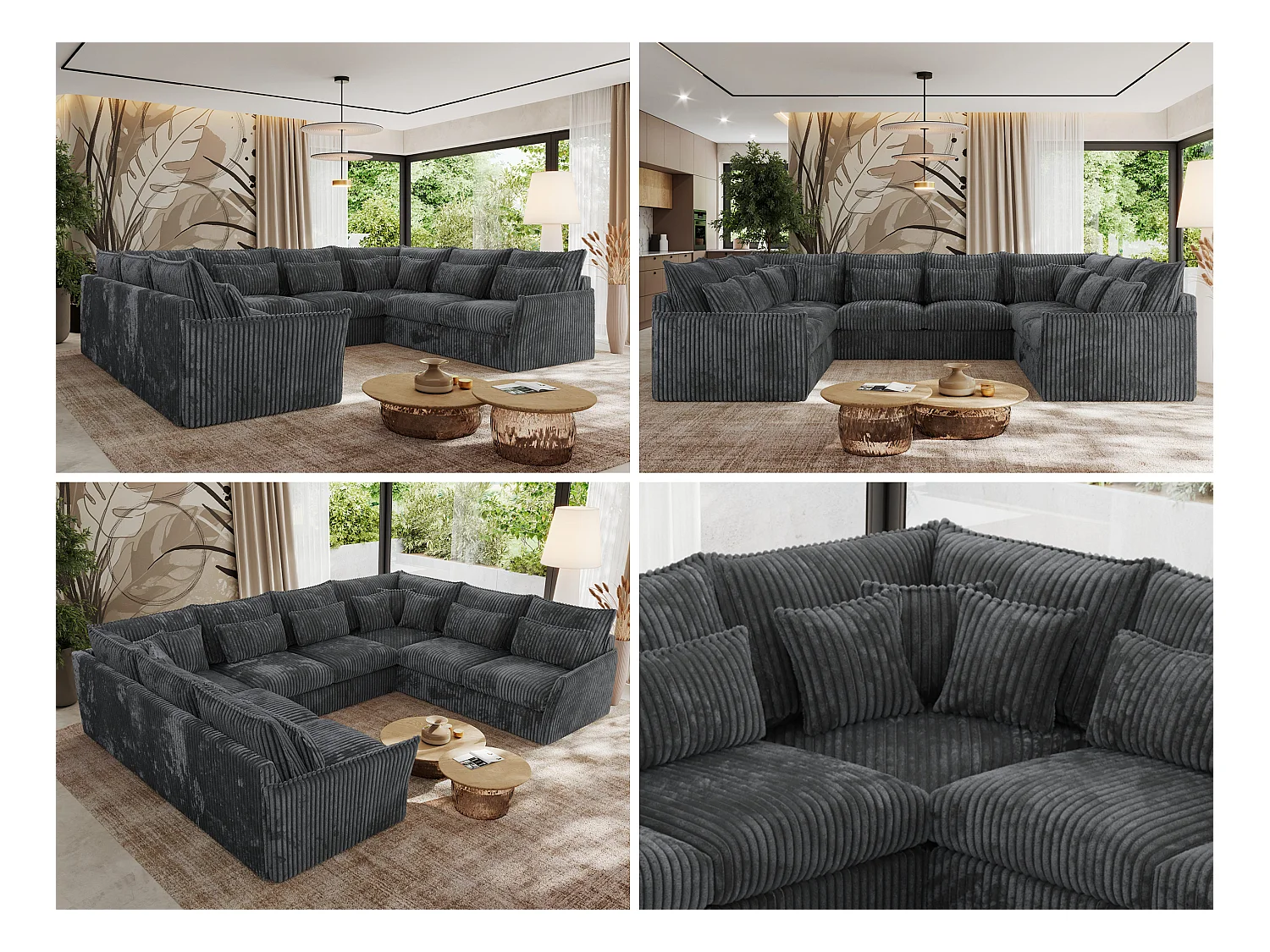 Ecksofa VERSO U8M - modulare U-förmige Ecke mit Armlehnen, Wohnlandschaft, Ecksofa XXL, lose Kissen - Dunkelgrau Cord