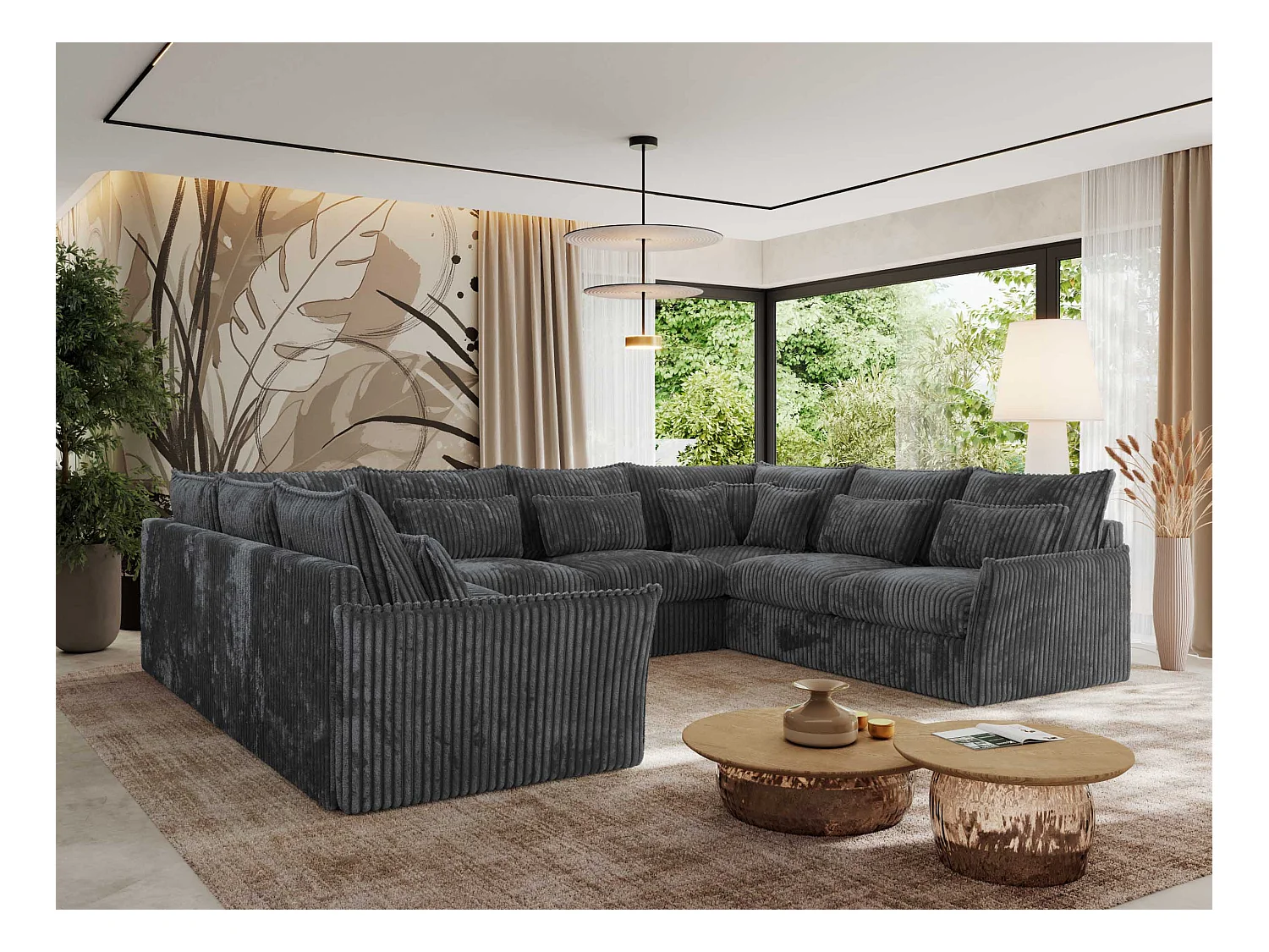 Ecksofa VERSO U8M - modulare U-förmige Ecke mit Armlehnen, Wohnlandschaft, Ecksofa XXL, lose Kissen - Dunkelgrau Cord