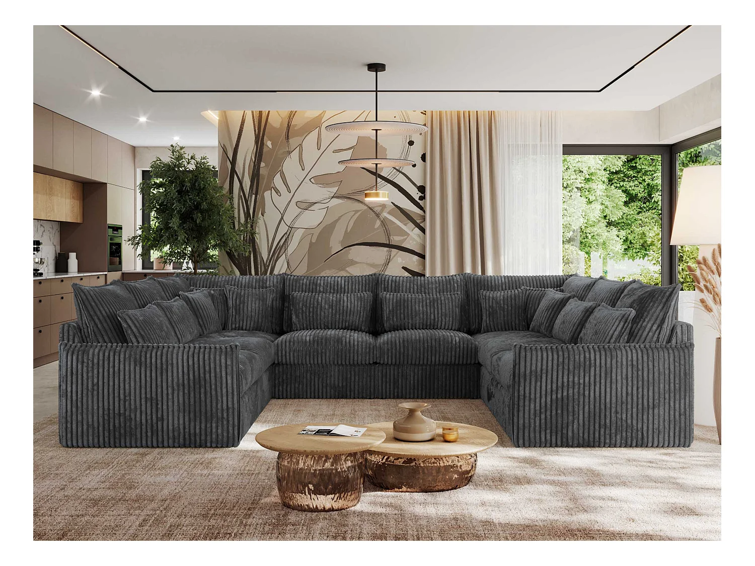 Ecksofa VERSO U8M - modulare U-förmige Ecke mit Armlehnen, Wohnlandschaft, Ecksofa XXL, lose Kissen - Dunkelgrau Cord