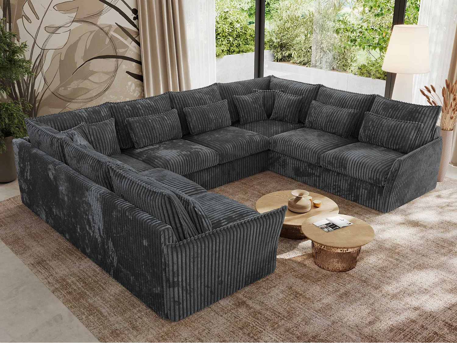 Ecksofa VERSO U8M - modulare U-förmige Ecke mit Armlehnen, Wohnlandschaft, Ecksofa XXL, lose Kissen - Dunkelgrau Cord