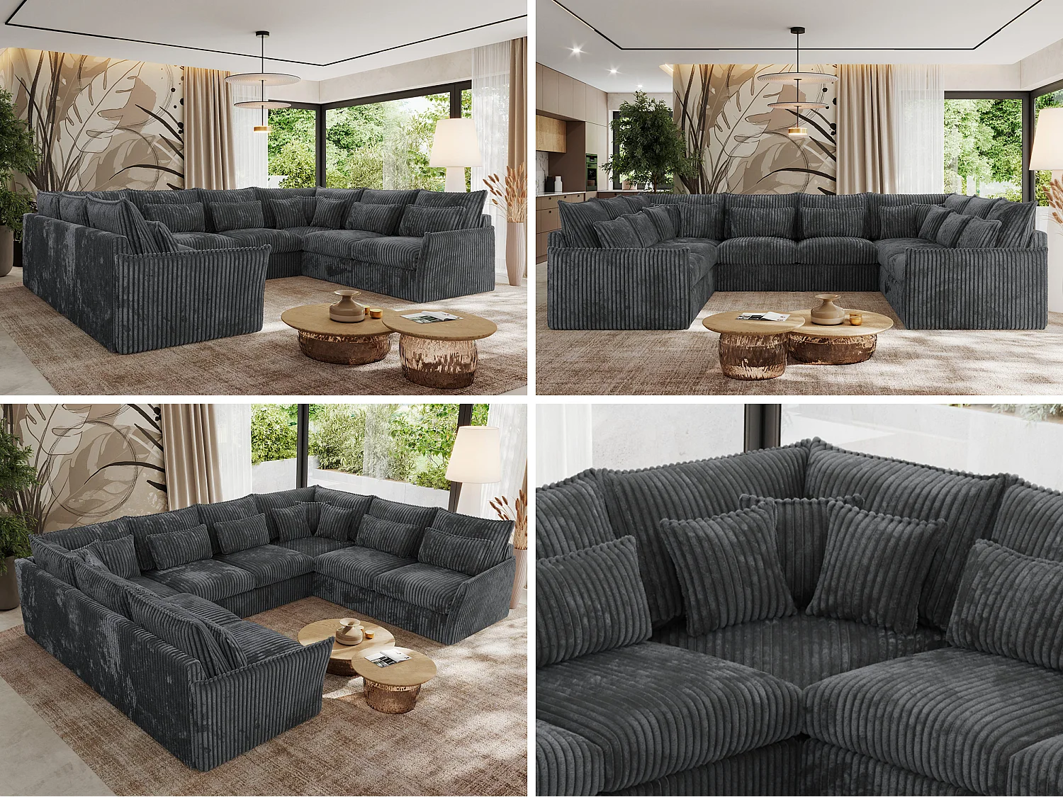 Ecksofa VERSO U8M - modulare U-förmige Ecke mit Armlehnen, Wohnlandschaft, Ecksofa XXL, lose Kissen - Dunkelgrau Cord