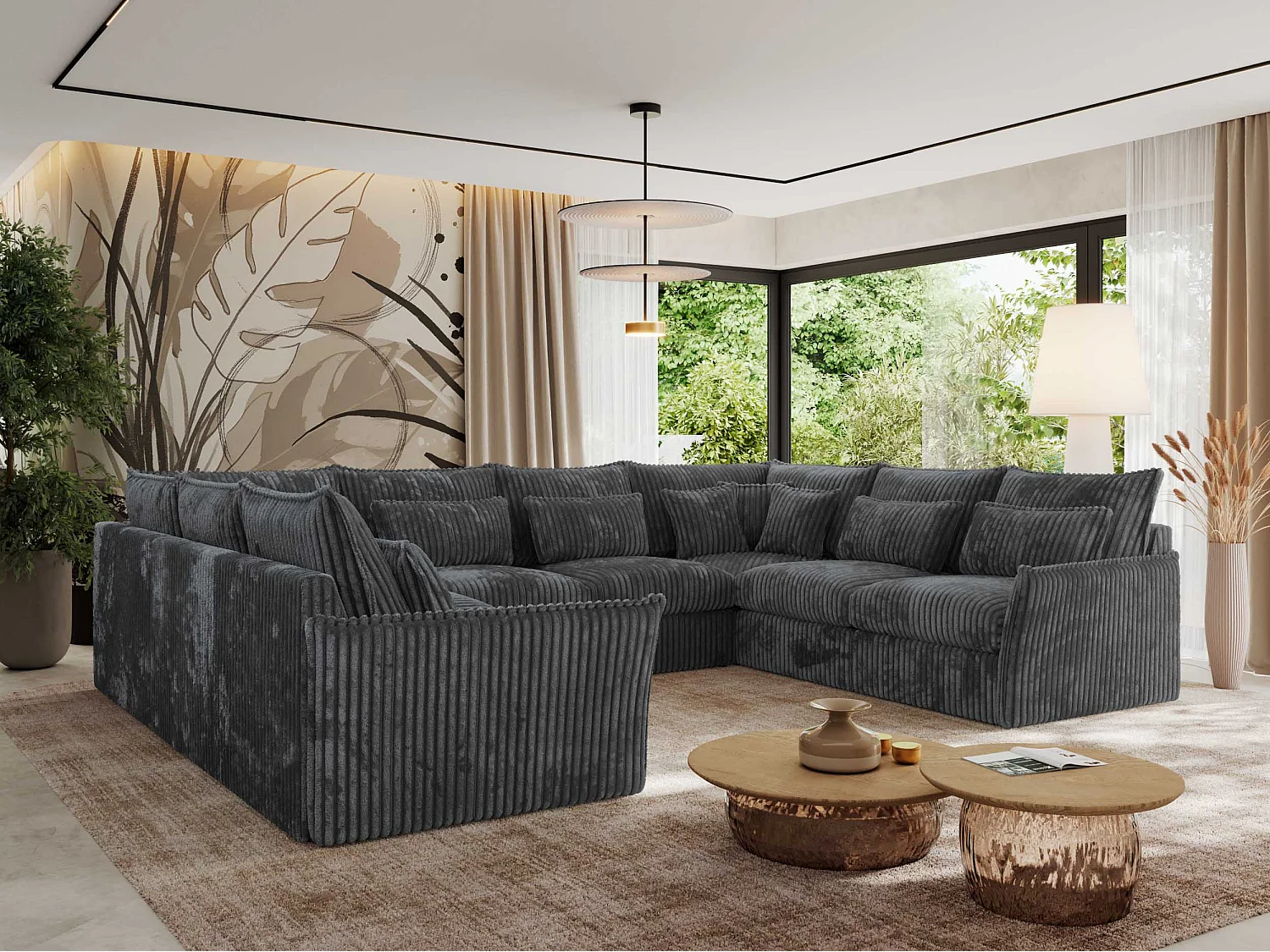 Ecksofa VERSO U8M - modulare U-förmige Ecke mit Armlehnen, Wohnlandschaft, Ecksofa XXL, lose Kissen - Dunkelgrau Cord