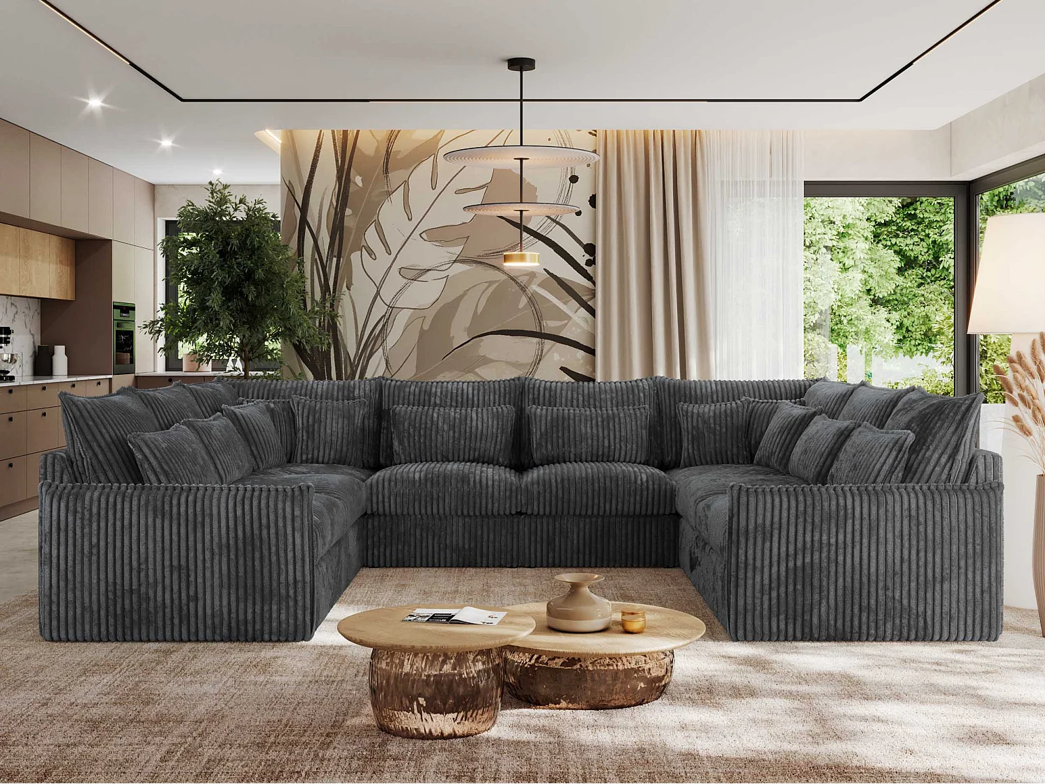 Ecksofa VERSO U8M - modulare U-förmige Ecke mit Armlehnen, Wohnlandschaft, Ecksofa XXL, lose Kissen - Dunkelgrau Cord