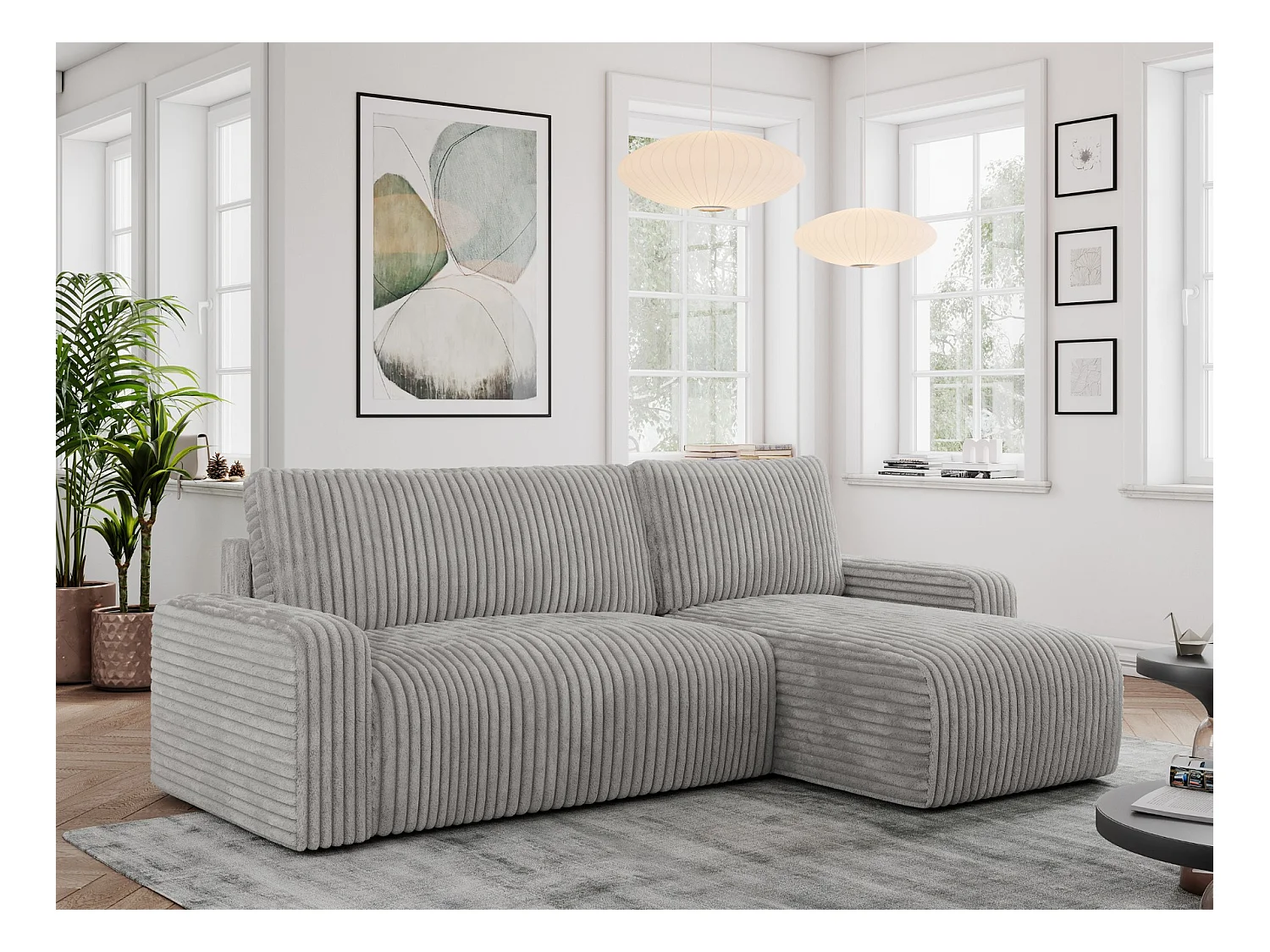 Ecksofa ARGOS - mit Schlaffunktion, Sofa mit armlehnen, Bettkasten, 3-Sitzer Sofa - Hellgrau Cord