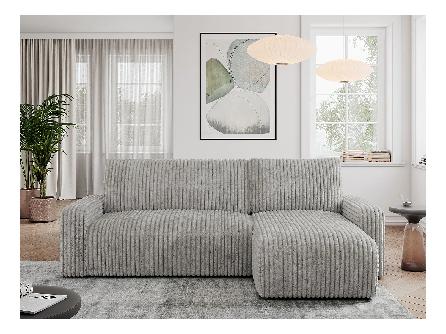 Ecksofa ARGOS - mit Schlaffunktion, Sofa mit armlehnen, Bettkasten, 3-Sitzer Sofa - Hellgrau Cord