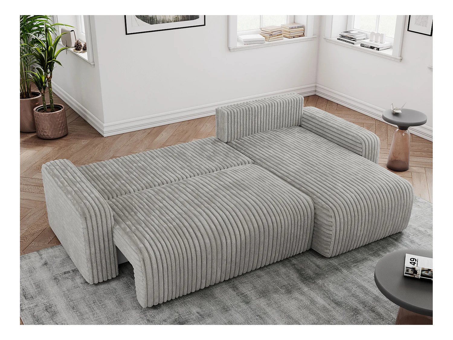 Ecksofa ARGOS - mit Schlaffunktion, Sofa mit armlehnen, Bettkasten, 3-Sitzer Sofa - Hellgrau Cord