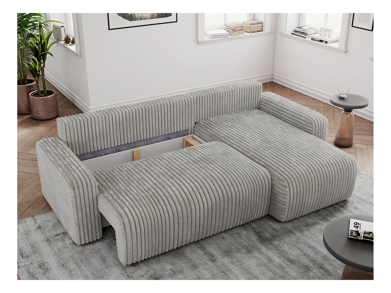 Ecksofa ARGOS - mit Schlaffunktion, Sofa mit armlehnen, Bettkasten, 3-Sitzer Sofa - Hellgrau Cord