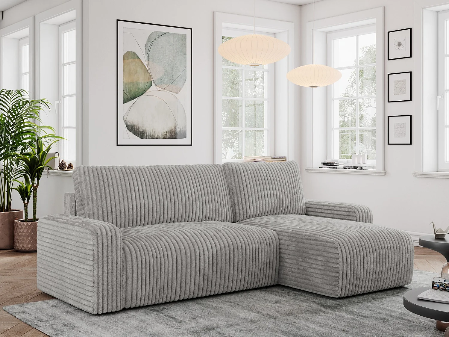 Ecksofa ARGOS - mit Schlaffunktion, Sofa mit armlehnen, Bettkasten, 3-Sitzer Sofa - Hellgrau Cord