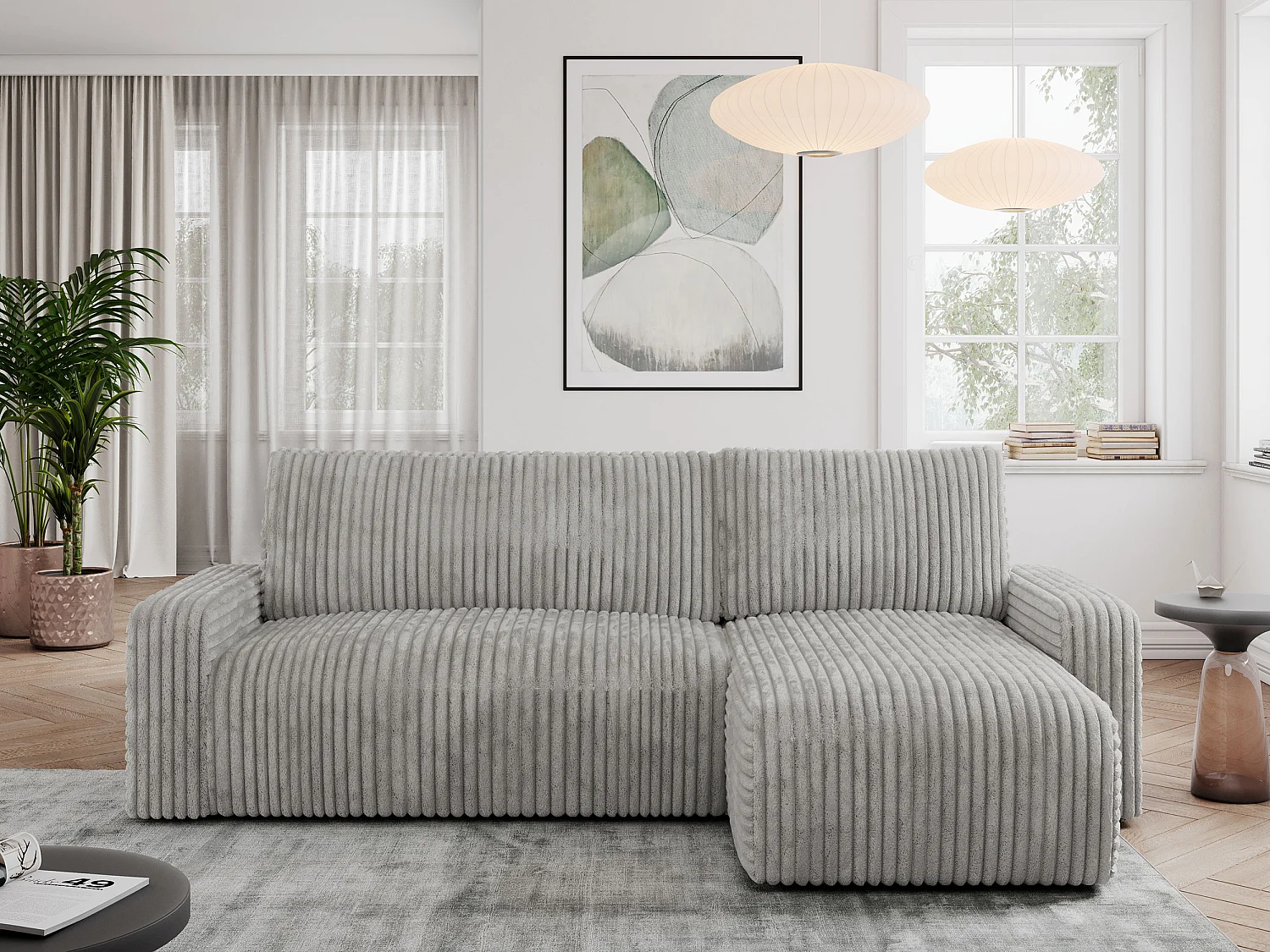 Ecksofa ARGOS - mit Schlaffunktion, Sofa mit armlehnen, Bettkasten, 3-Sitzer Sofa - Hellgrau Cord