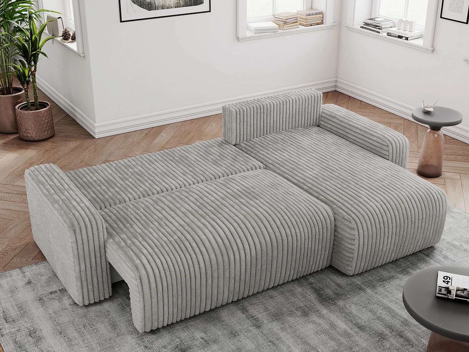 Ecksofa ARGOS - mit Schlaffunktion, Sofa mit armlehnen, Bettkasten, 3-Sitzer Sofa - Hellgrau Cord