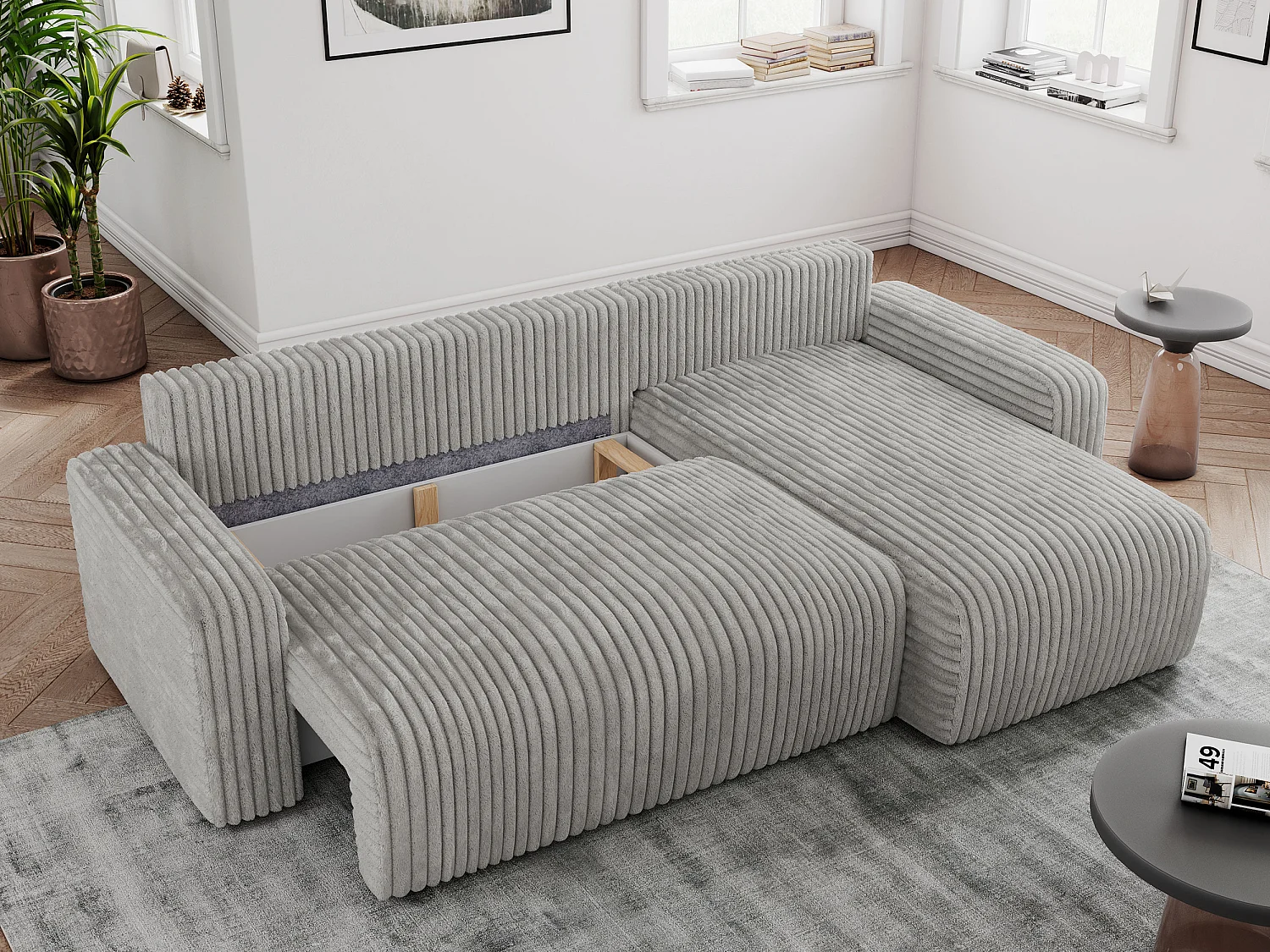 Ecksofa ARGOS - mit Schlaffunktion, Sofa mit armlehnen, Bettkasten, 3-Sitzer Sofa - Hellgrau Cord