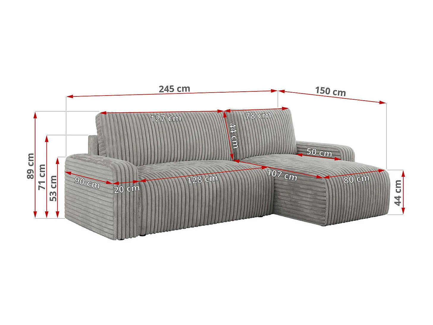 Ecksofa ARGOS - mit Schlaffunktion, Sofa mit armlehnen, Bettkasten, 3-Sitzer Sofa - Hellgrau Cord