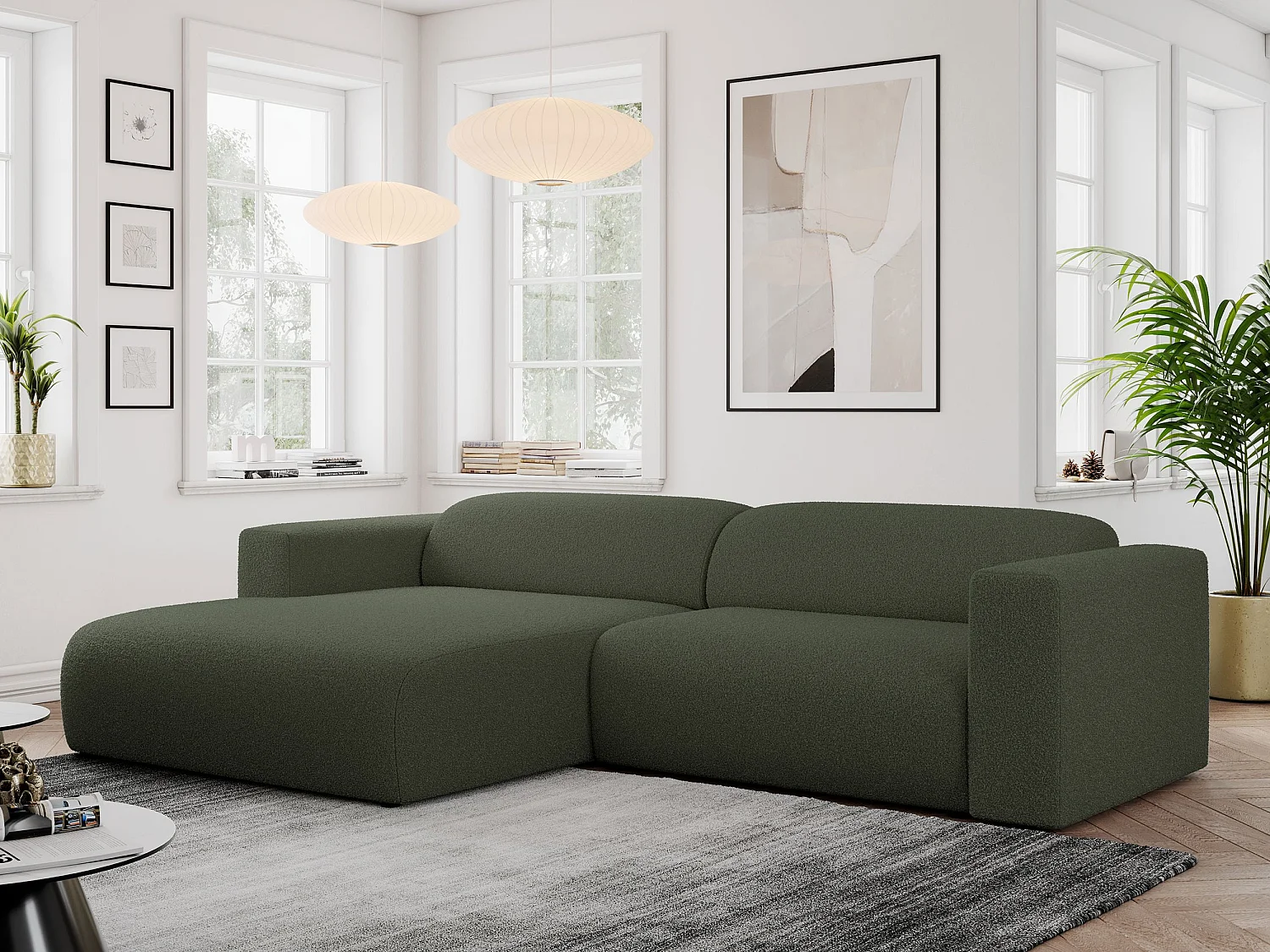 Ecksofa PASADENA - mit Armlehnen, Wohnlandschaft, freistehendes Sofa, große Ecke - Grün Boucle - Ecke Links