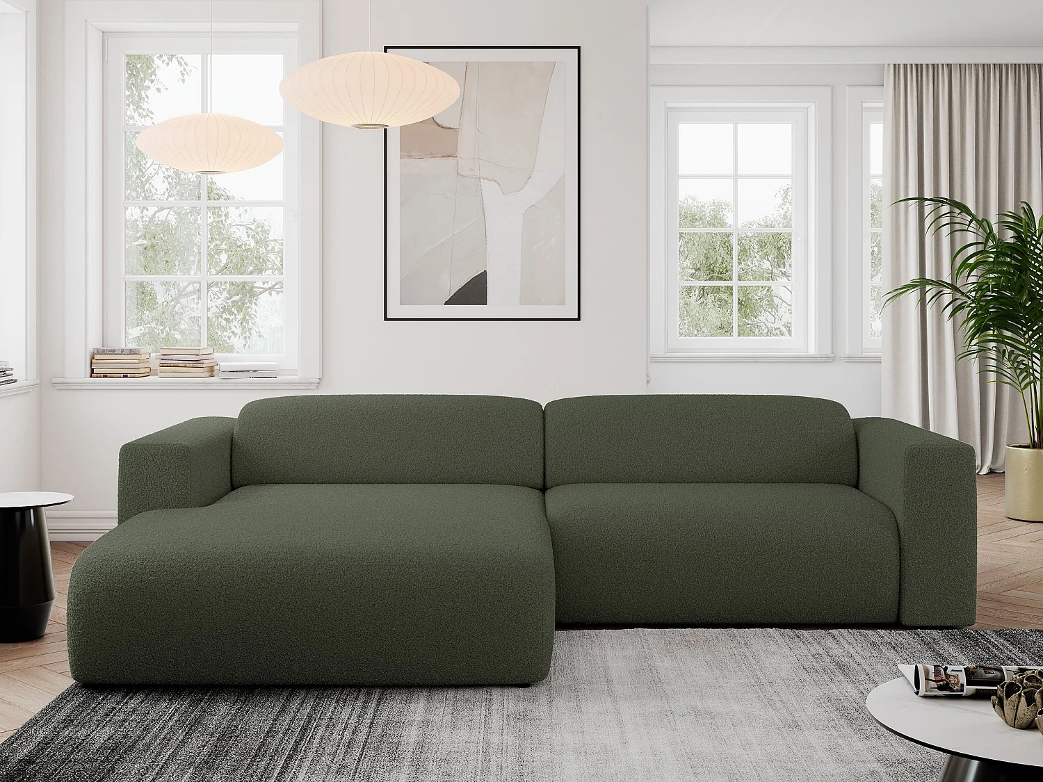 Ecksofa PASADENA - mit Armlehnen, Wohnlandschaft, freistehendes Sofa, große Ecke - Grün Boucle - Ecke Links