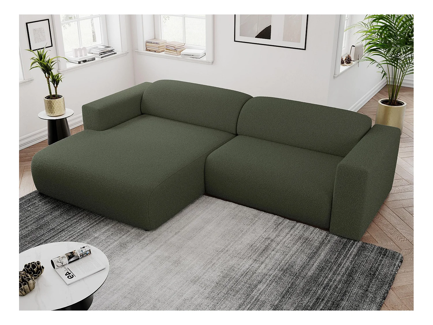 Ecksofa PASADENA - mit Armlehnen, Wohnlandschaft, freistehendes Sofa, große Ecke - Grün Boucle - Ecke Links