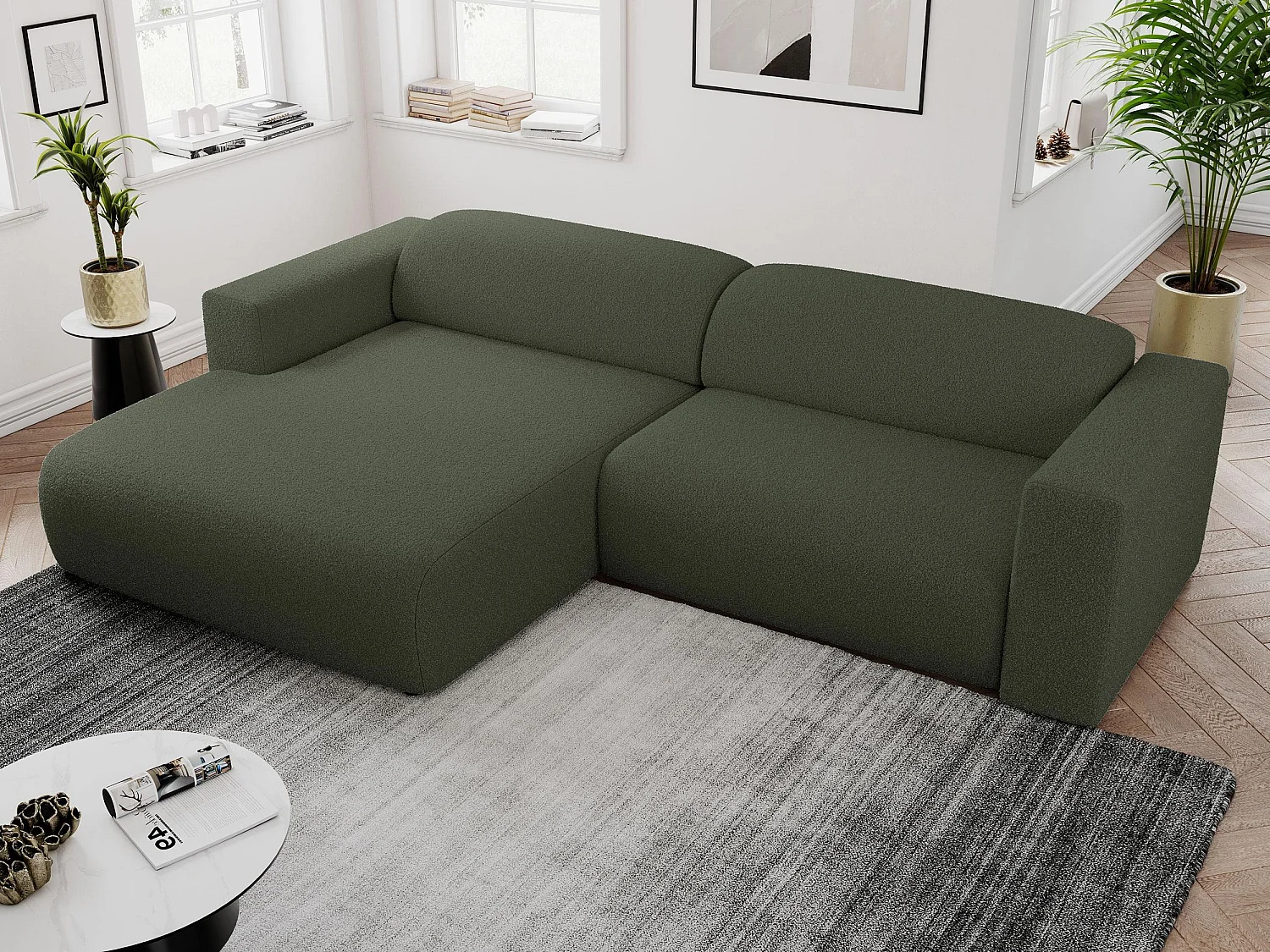 Ecksofa PASADENA - mit Armlehnen, Wohnlandschaft, freistehendes Sofa, große Ecke - Grün Boucle - Ecke Links