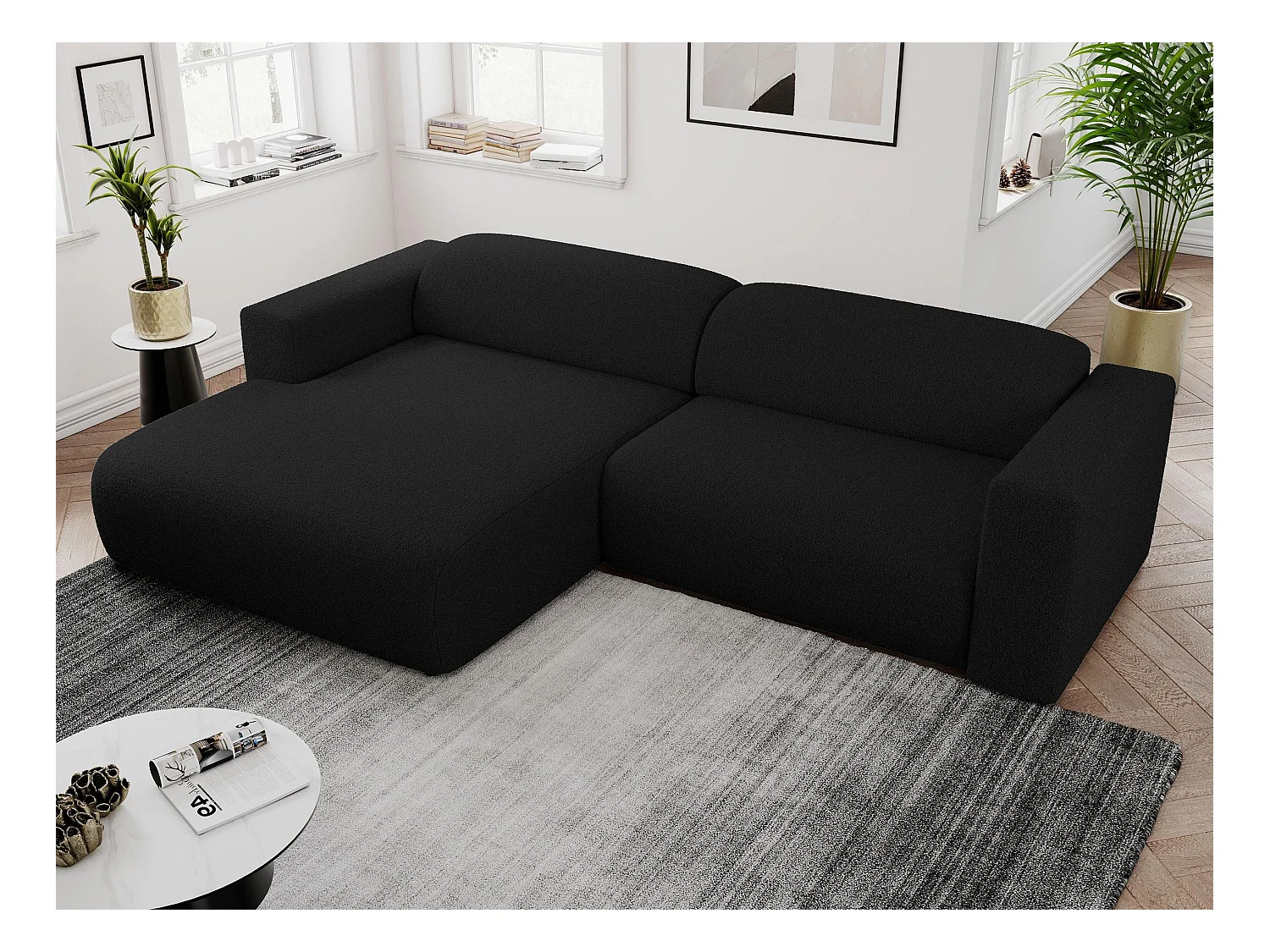 Ecksofa PASADENA - mit Armlehnen, Wohnlandschaft, freistehendes Sofa, große Ecke - Schwarz Boucle - Ecke Links