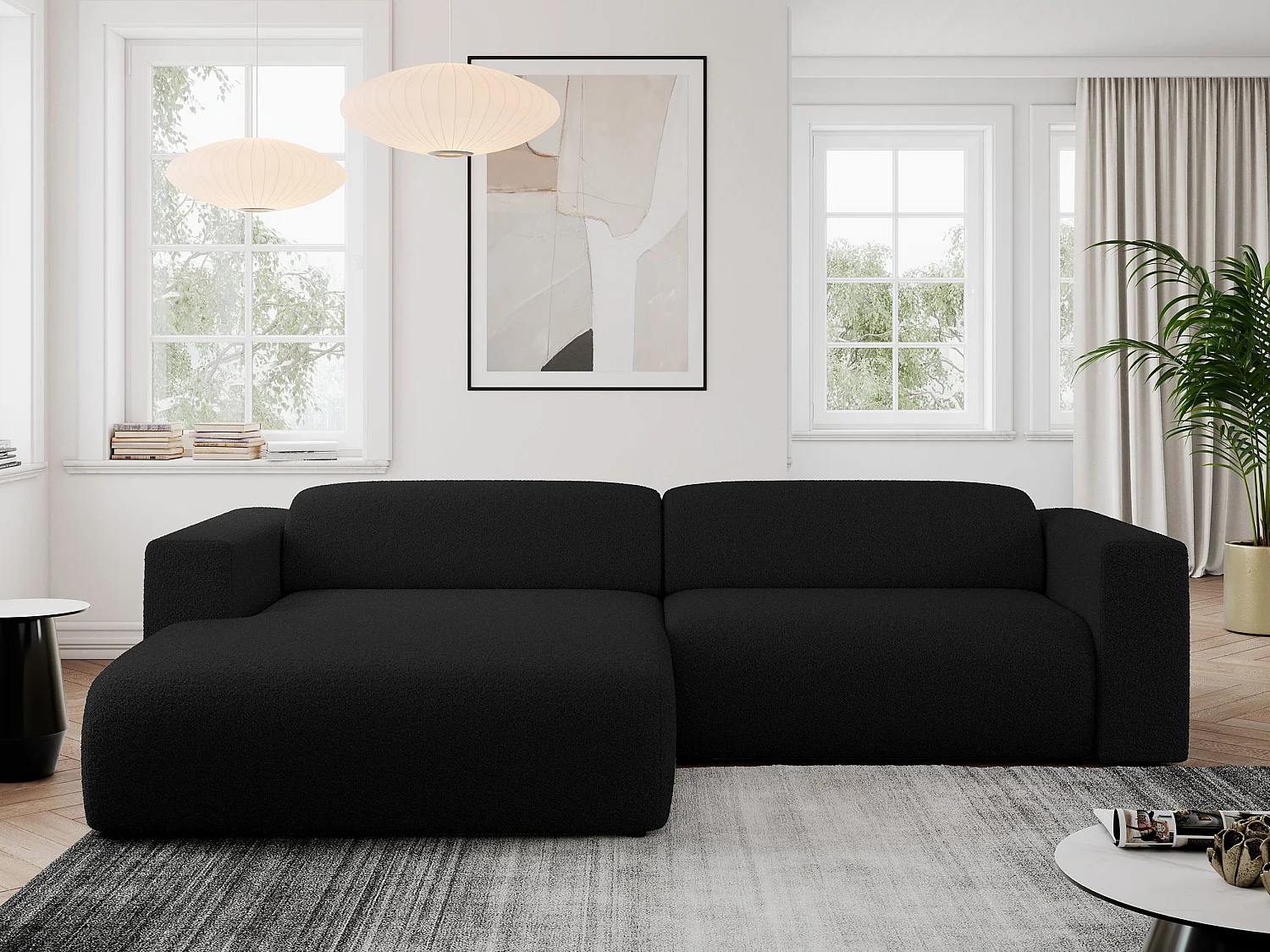 Ecksofa PASADENA - mit Armlehnen, Wohnlandschaft, freistehendes Sofa, große Ecke - Schwarz Boucle - Ecke Links