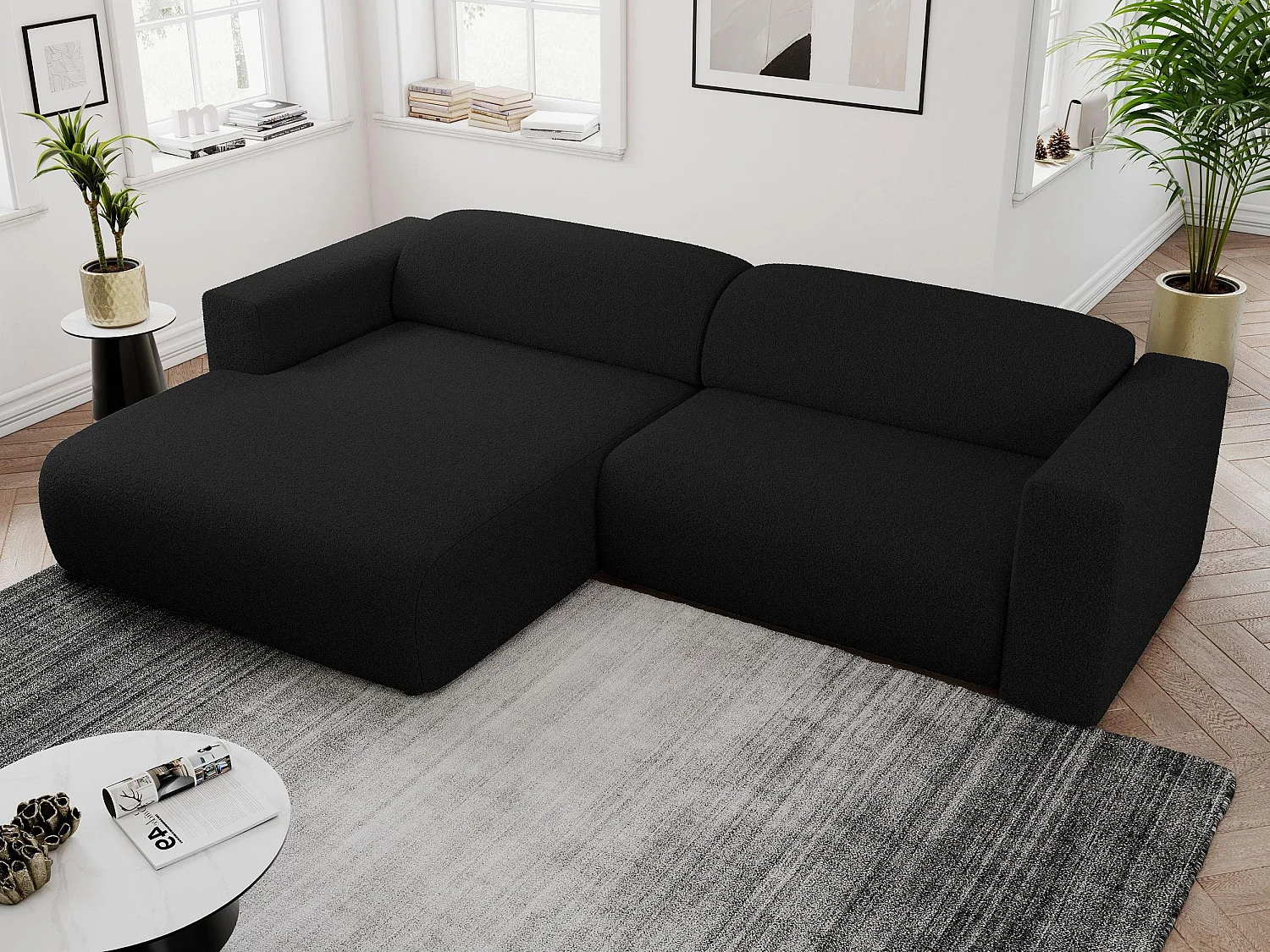 Ecksofa PASADENA - mit Armlehnen, Wohnlandschaft, freistehendes Sofa, große Ecke - Schwarz Boucle - Ecke Links