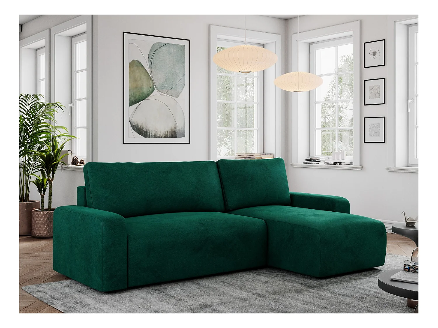Ecksofa ARGOS - mit Schlaffunktion, Sofa mit armlehnen, Bettkasten, 3-Sitzer Sofa - Dunkelgrün Velvet