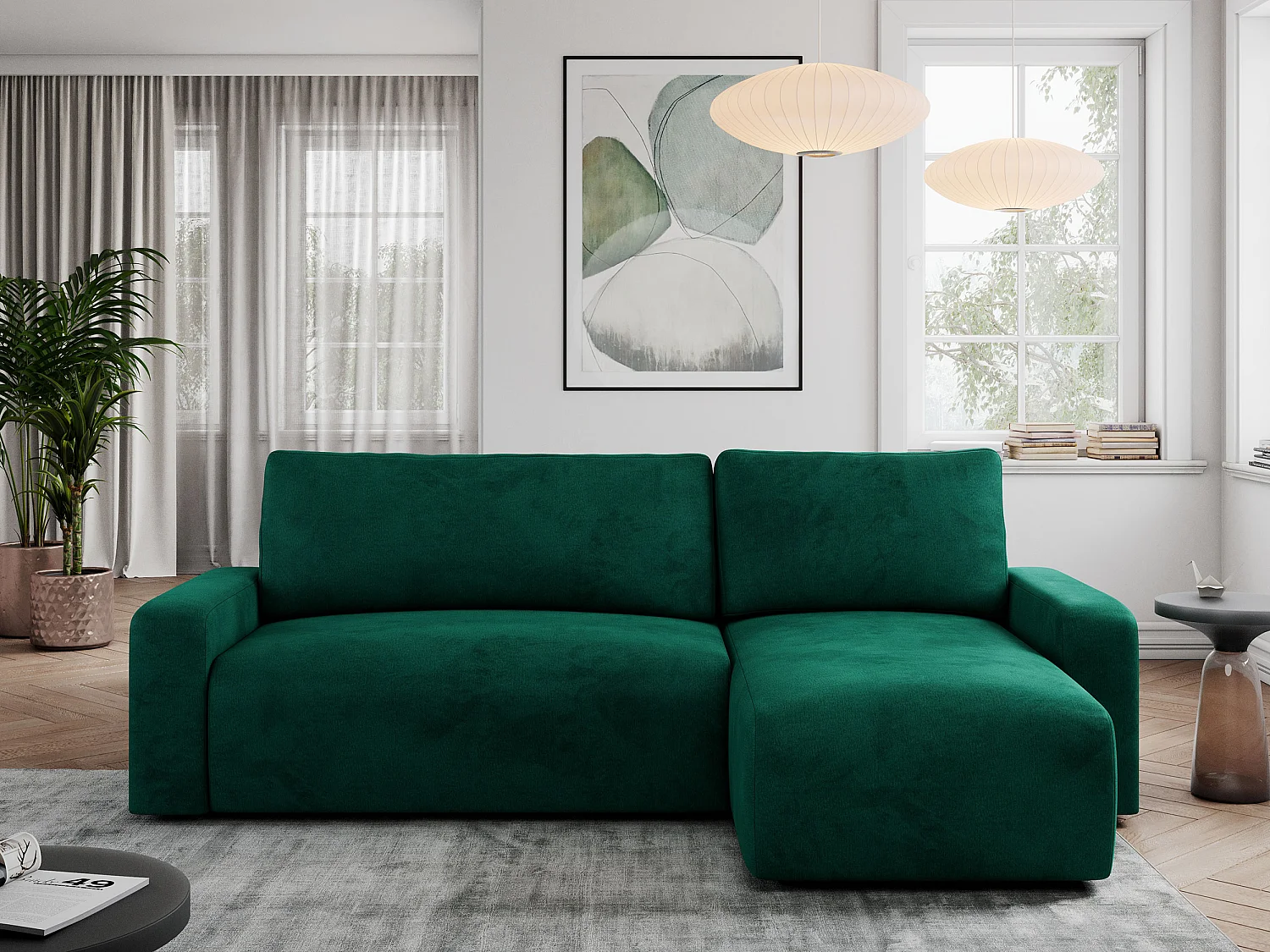 Ecksofa ARGOS - mit Schlaffunktion, Sofa mit armlehnen, Bettkasten, 3-Sitzer Sofa - Dunkelgrün Velvet