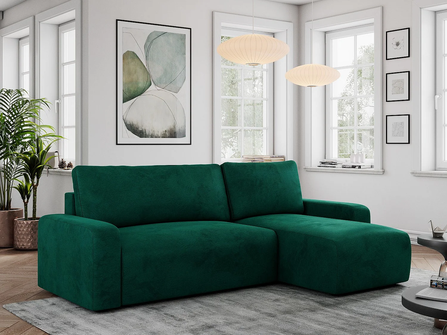 Ecksofa ARGOS - mit Schlaffunktion, Sofa mit armlehnen, Bettkasten, 3-Sitzer Sofa - Dunkelgrün Velvet