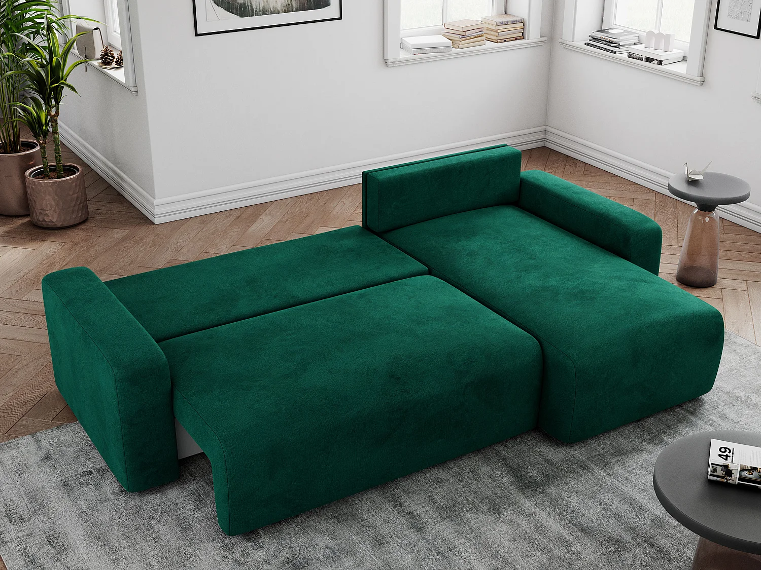 Ecksofa ARGOS - mit Schlaffunktion, Sofa mit armlehnen, Bettkasten, 3-Sitzer Sofa - Dunkelgrün Velvet