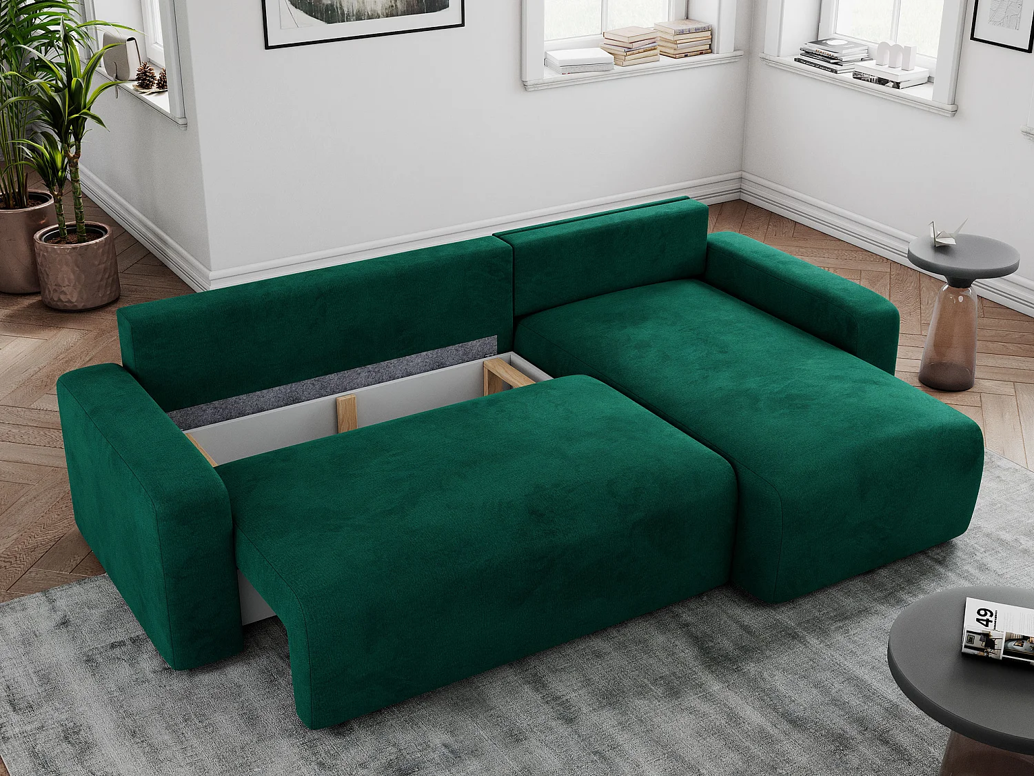 Ecksofa ARGOS - mit Schlaffunktion, Sofa mit armlehnen, Bettkasten, 3-Sitzer Sofa - Dunkelgrün Velvet