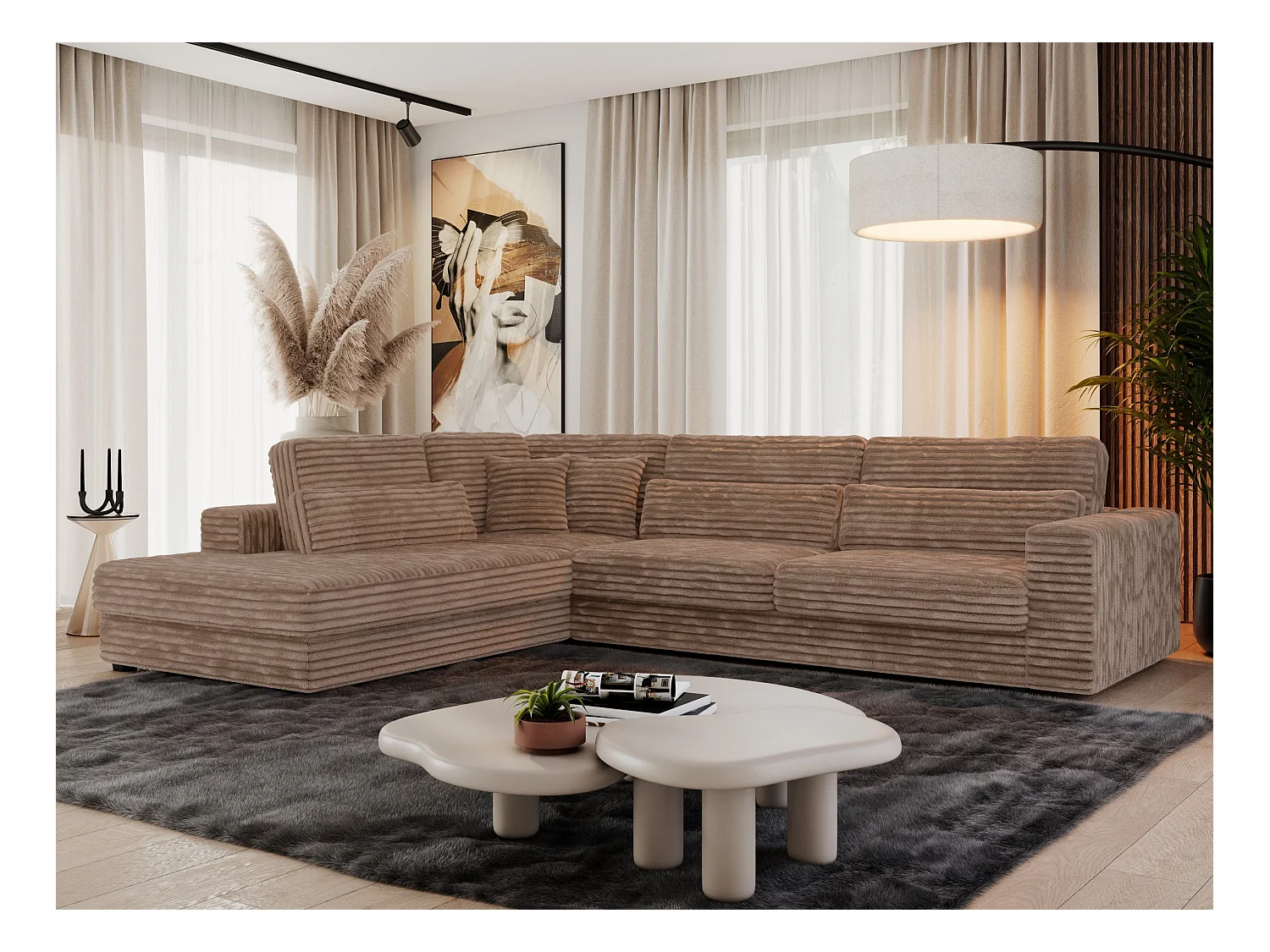 Ecksofa SAVONA - mit Armlehnen, lose Kissen, große L-förmige Ecke, Wohnlandschaft - Braun Cord - Ecke Links