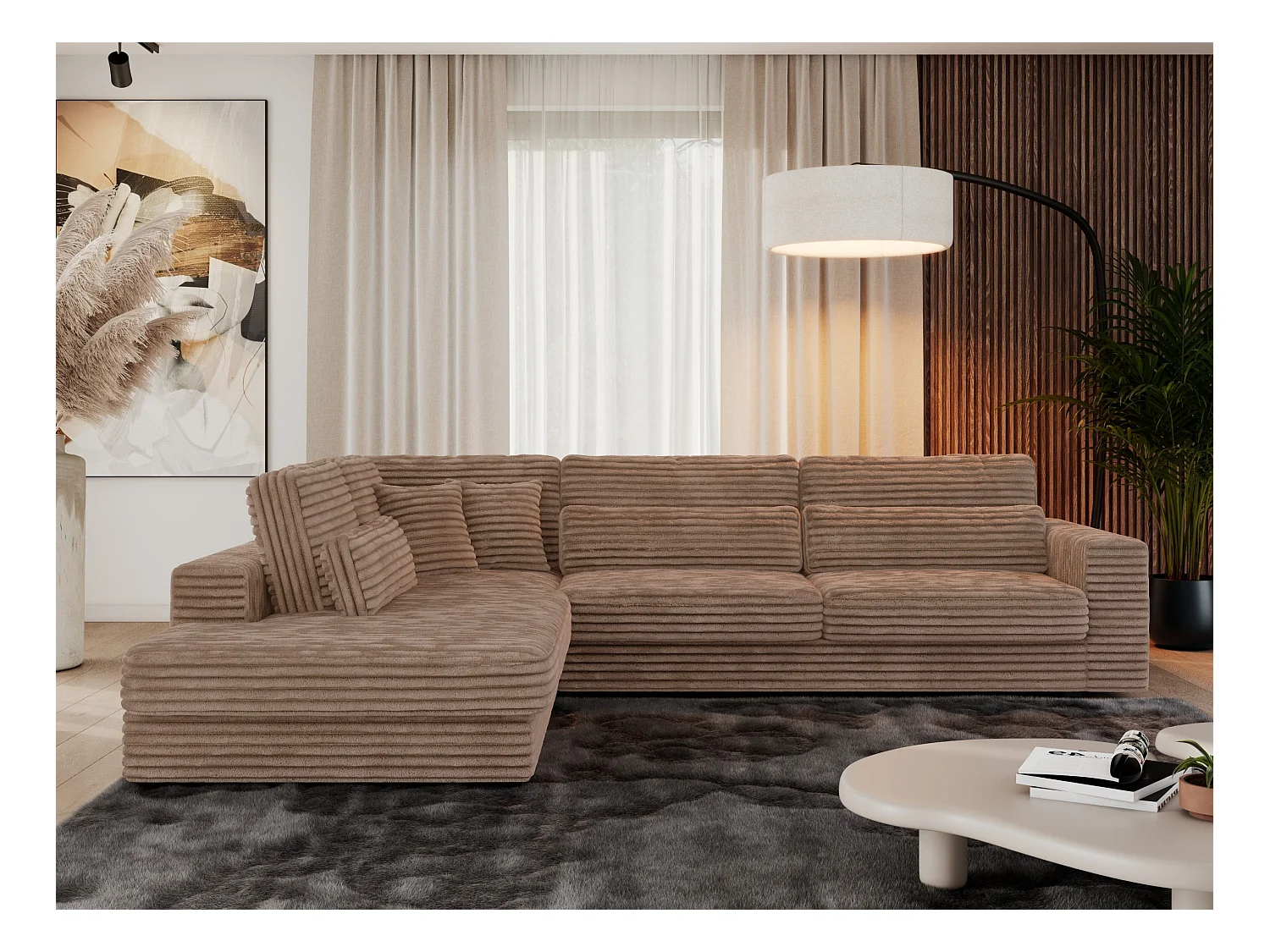 Ecksofa SAVONA - mit Armlehnen, lose Kissen, große L-förmige Ecke, Wohnlandschaft - Braun Cord - Ecke Links