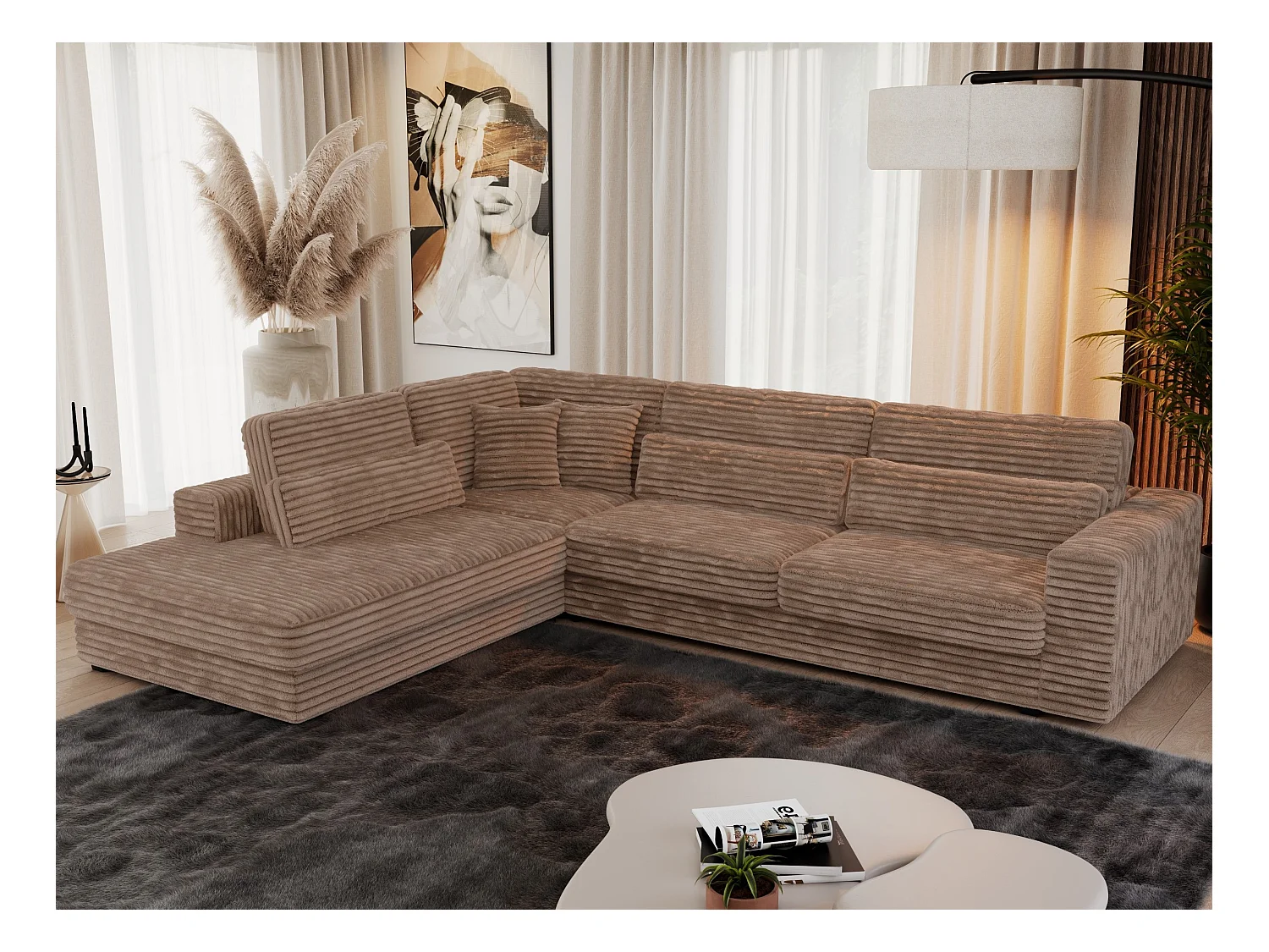 Ecksofa SAVONA - mit Armlehnen, lose Kissen, große L-förmige Ecke, Wohnlandschaft - Braun Cord - Ecke Links