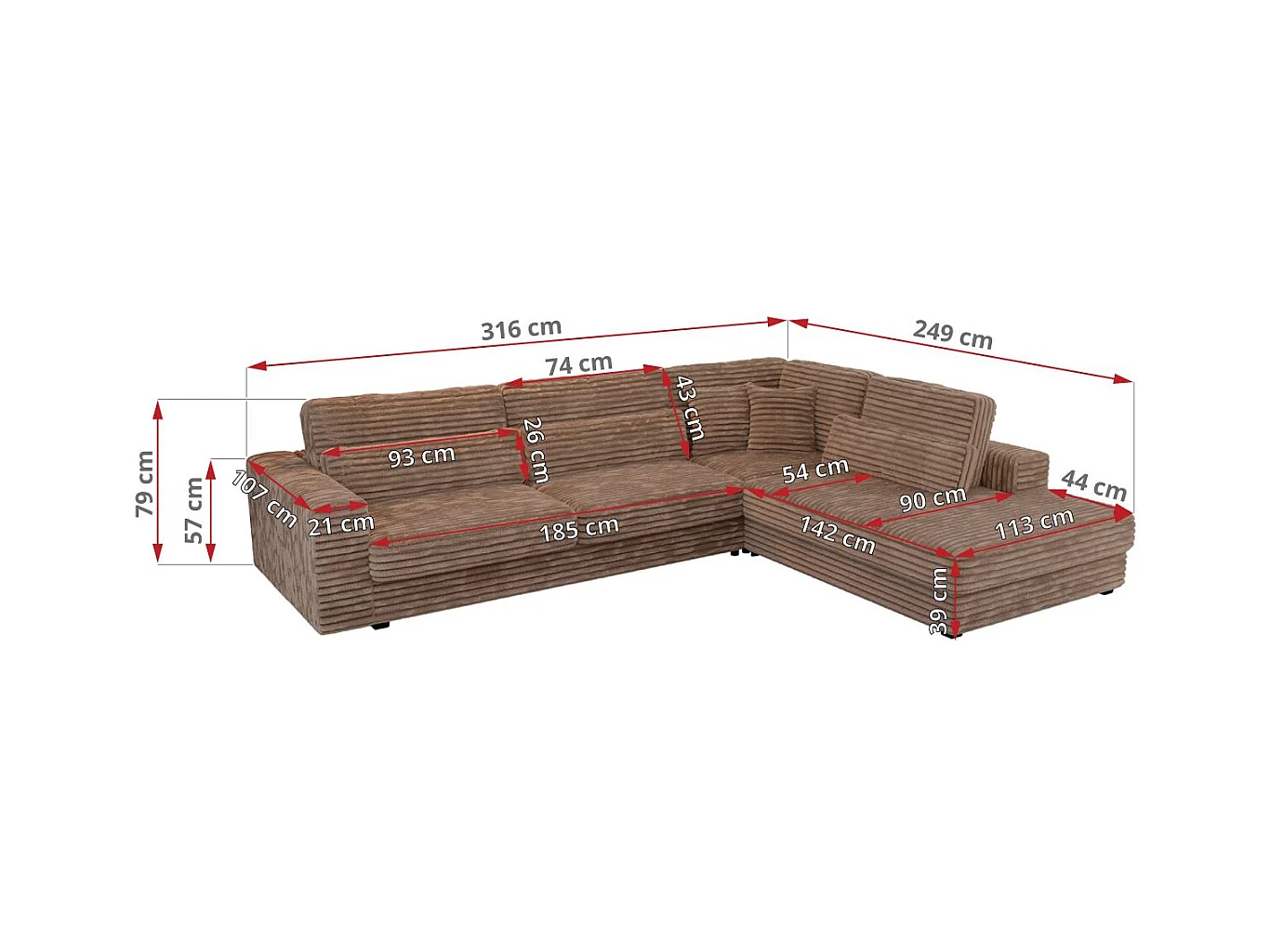 Ecksofa SAVONA - mit Armlehnen, lose Kissen, große L-förmige Ecke, Wohnlandschaft - Braun Cord - Ecke Links