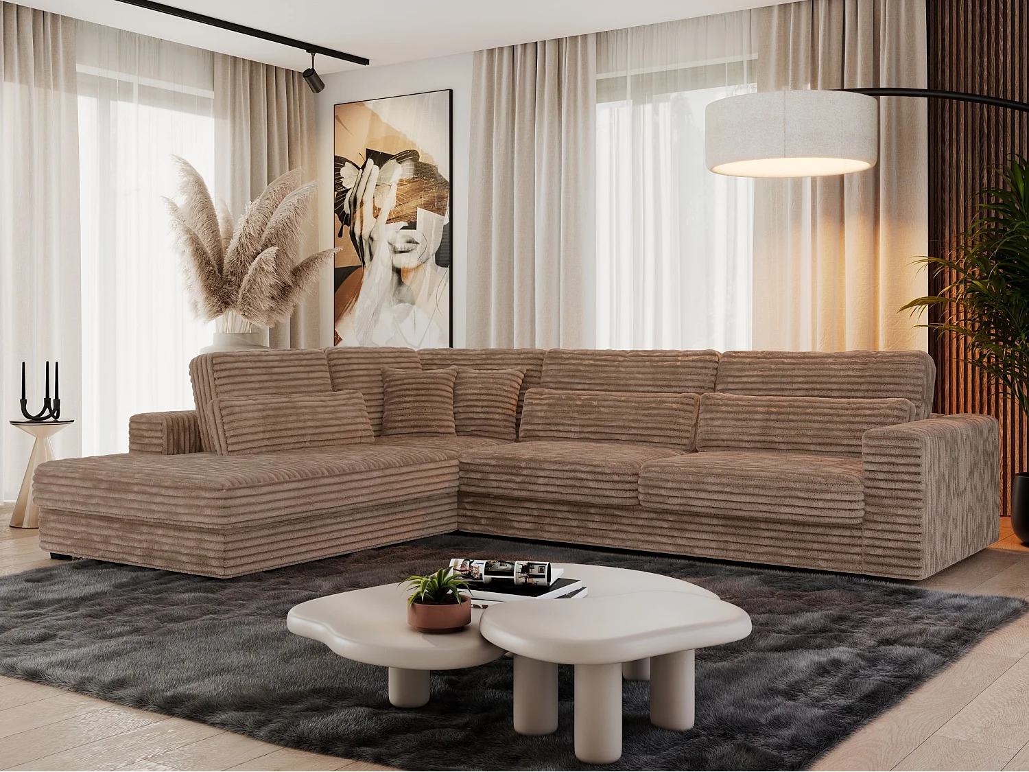 Ecksofa SAVONA - mit Armlehnen, lose Kissen, große L-förmige Ecke, Wohnlandschaft - Braun Cord - Ecke Links
