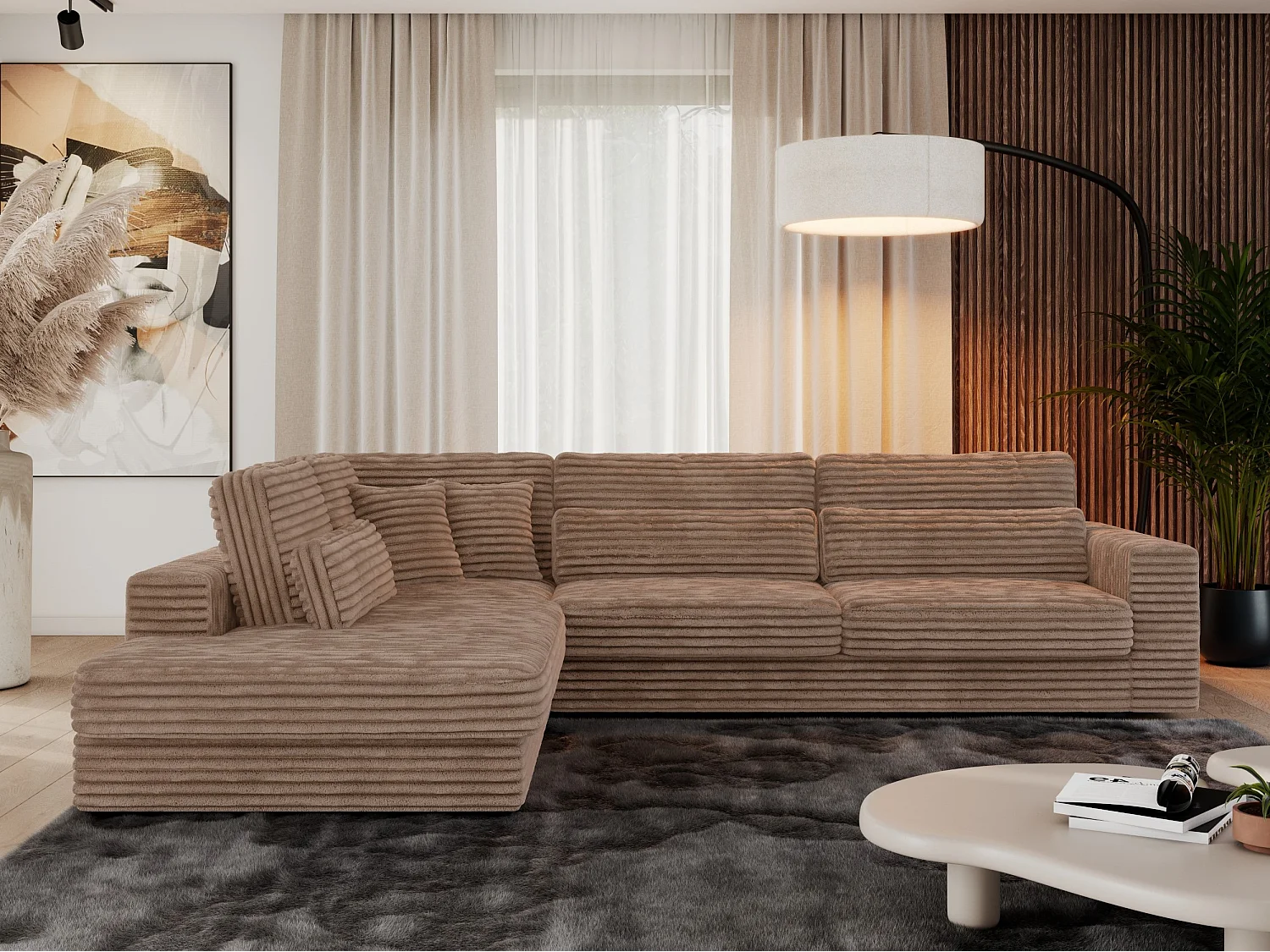 Ecksofa SAVONA - mit Armlehnen, lose Kissen, große L-förmige Ecke, Wohnlandschaft - Braun Cord - Ecke Links