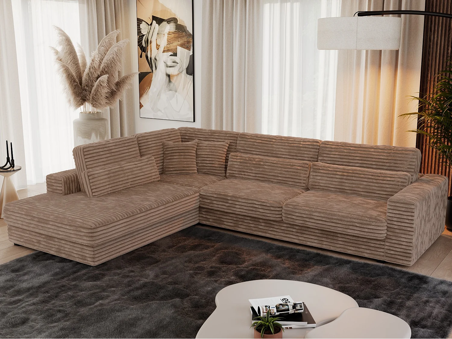 Ecksofa SAVONA - mit Armlehnen, lose Kissen, große L-förmige Ecke, Wohnlandschaft - Braun Cord - Ecke Links