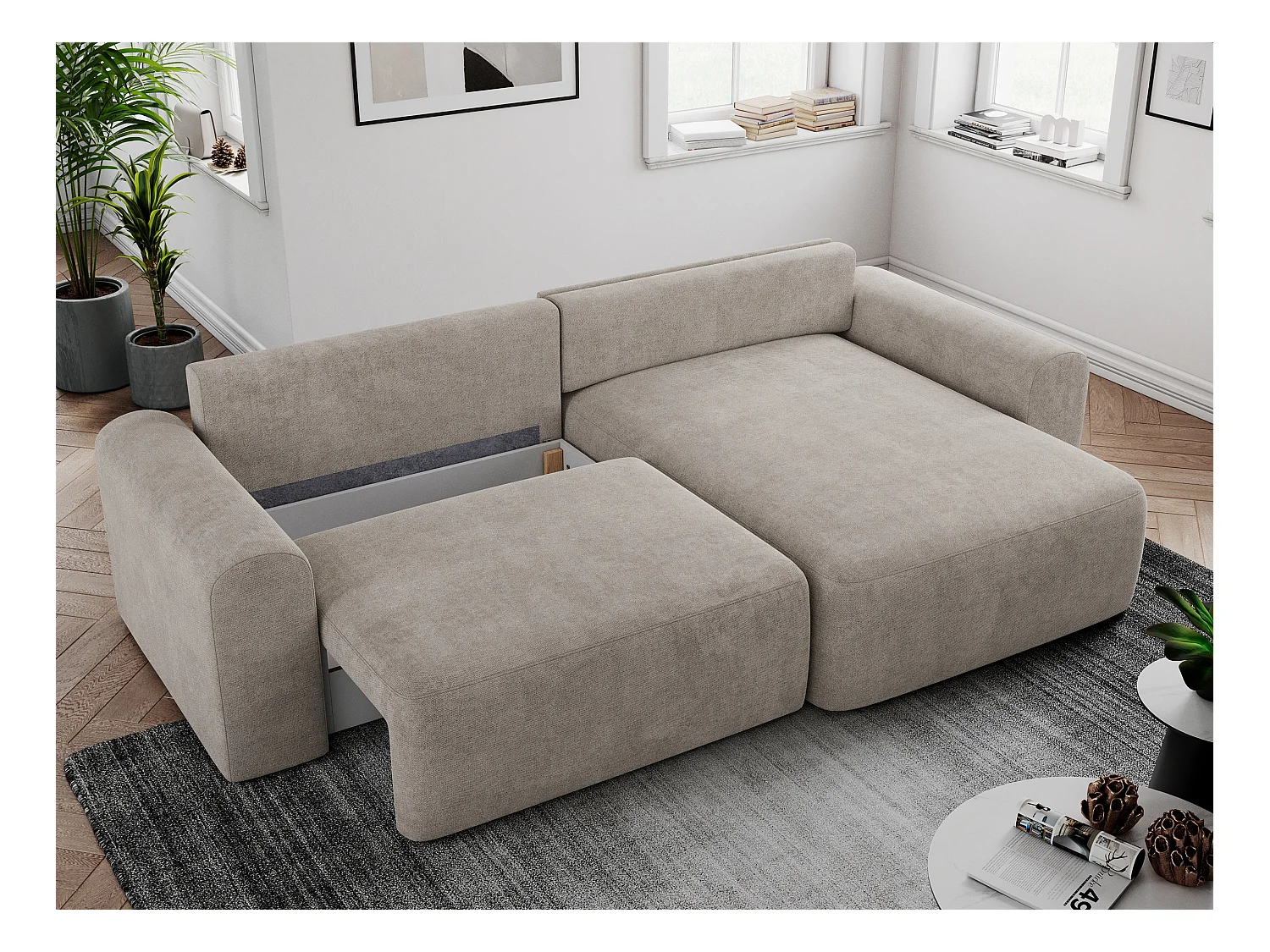Ecksofa NELSON - Schlafcouch mit Armlehnen und Bettkasten, universelles L-förmige Ecksofa - Beige Stukture