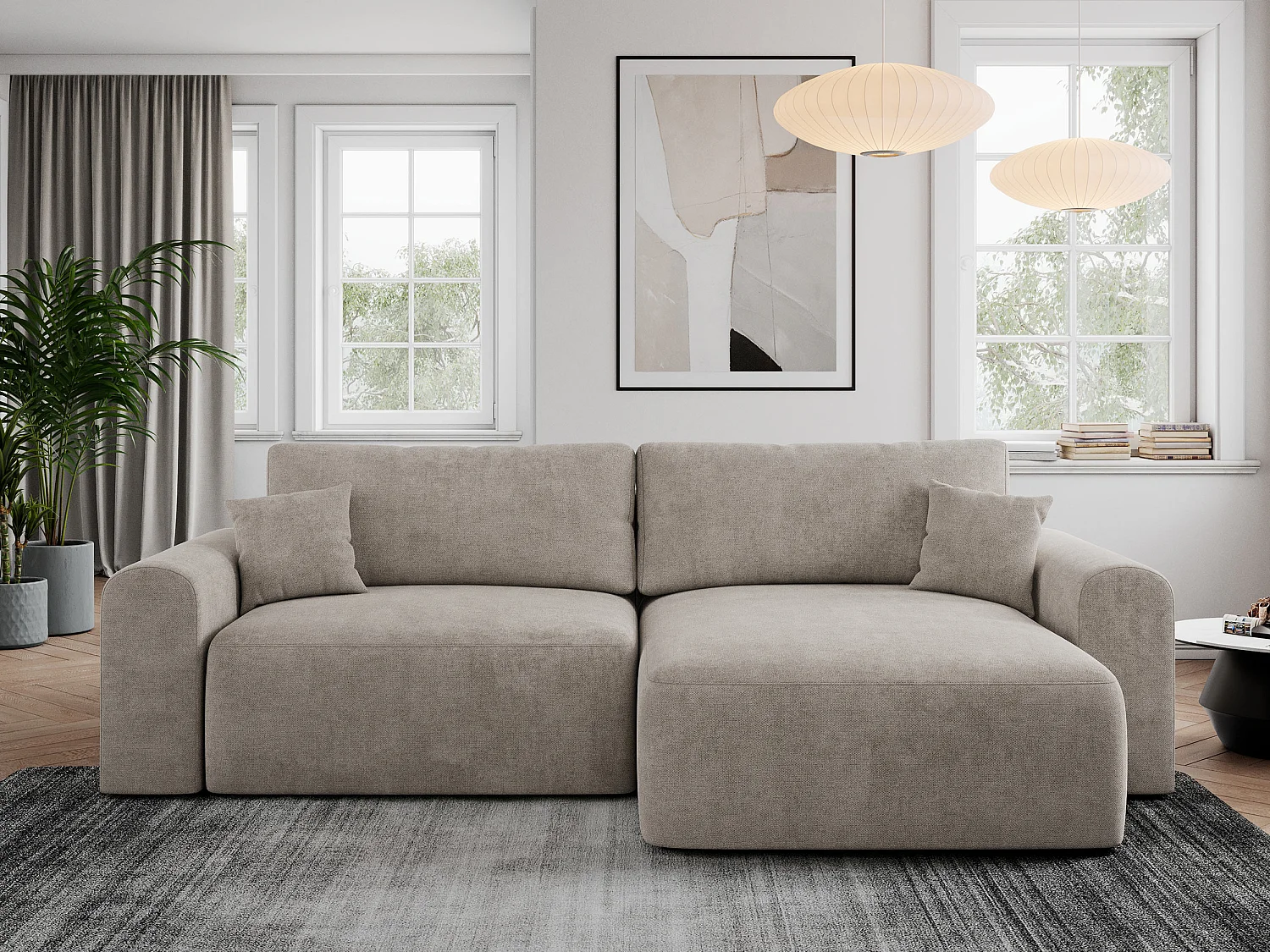 Ecksofa NELSON - Schlafcouch mit Armlehnen und Bettkasten, universelles L-förmige Ecksofa - Beige Stukture