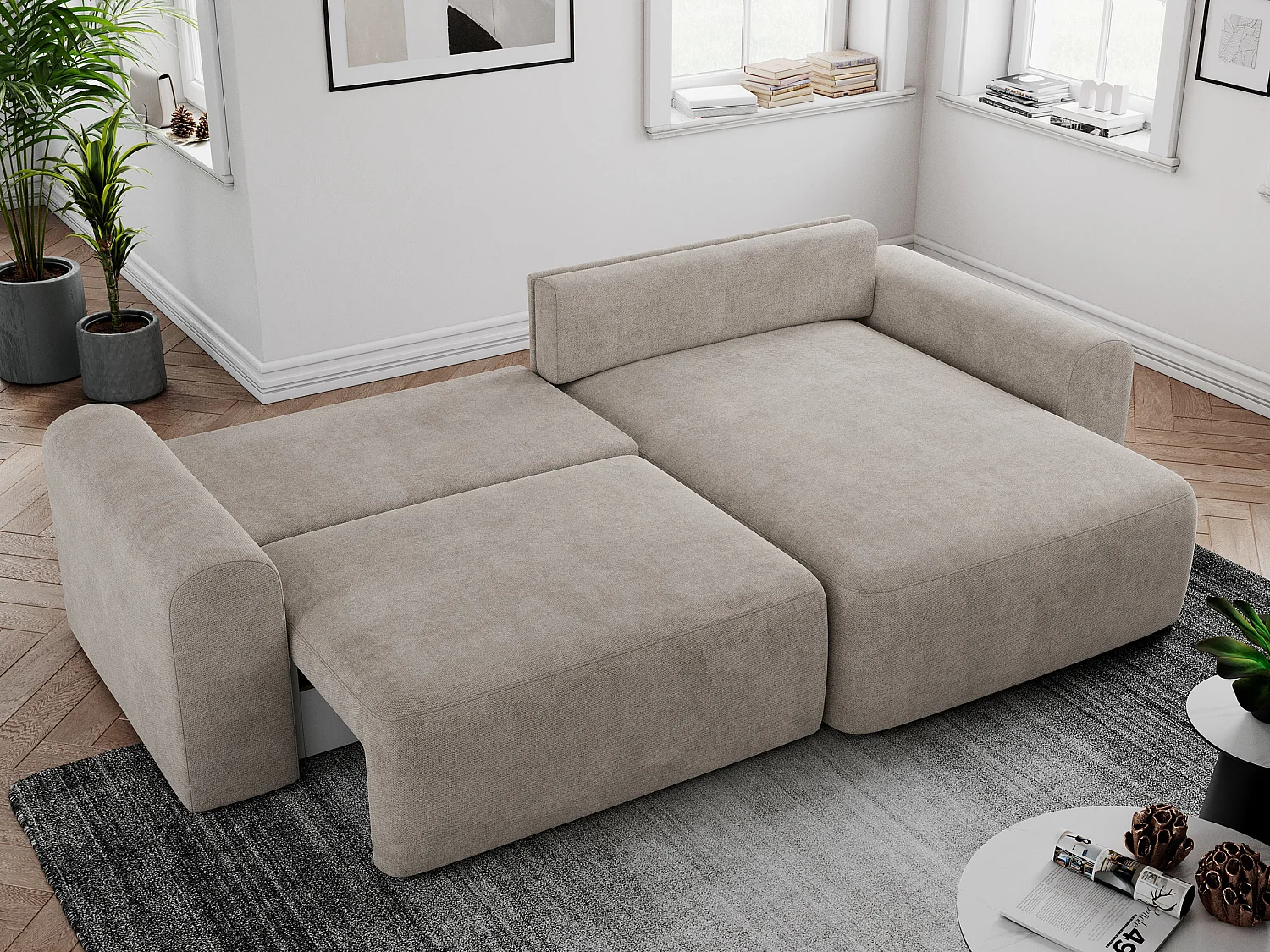 Ecksofa NELSON - Schlafcouch mit Armlehnen und Bettkasten, universelles L-förmige Ecksofa - Beige Stukture