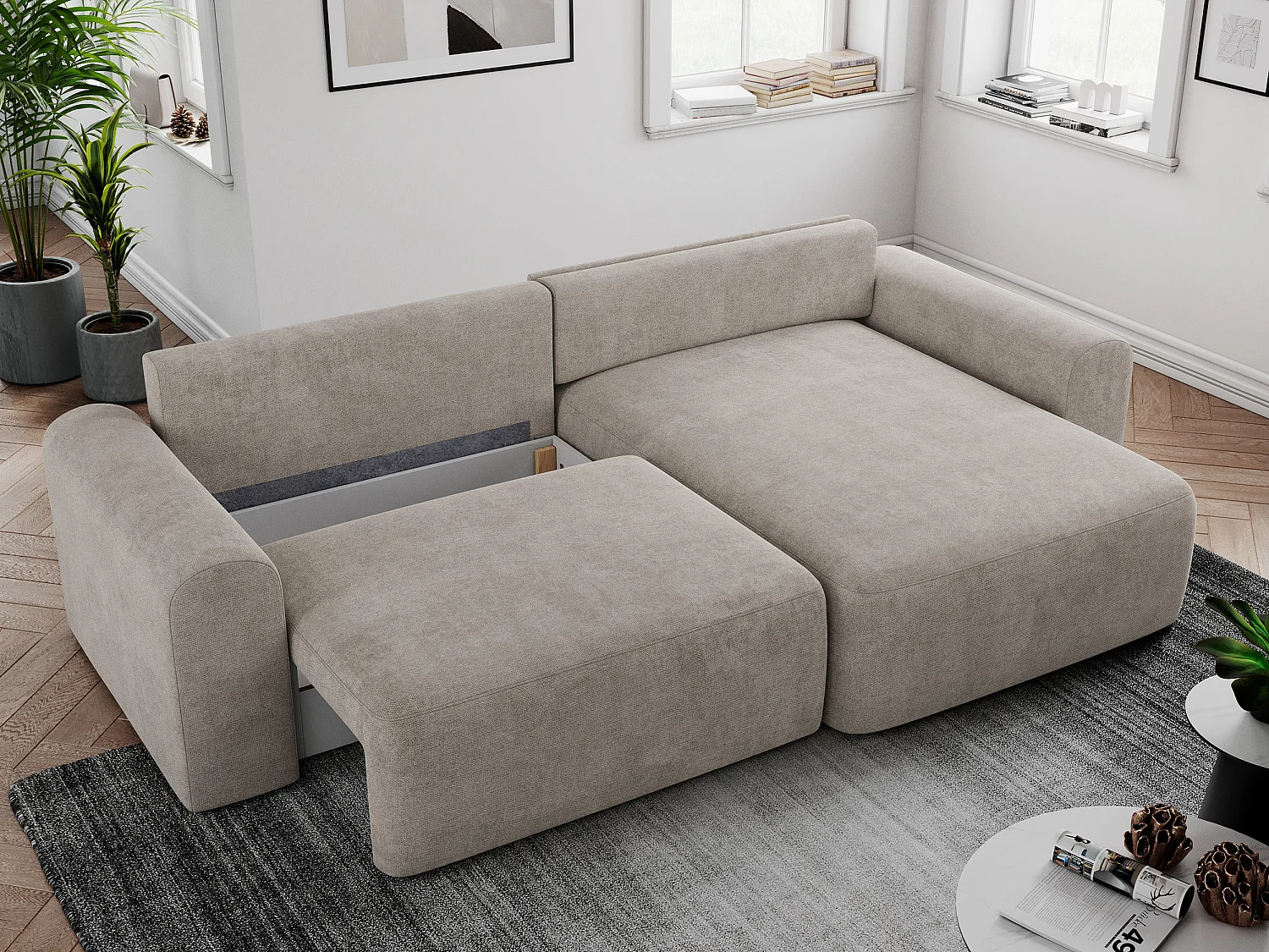 Ecksofa NELSON - Schlafcouch mit Armlehnen und Bettkasten, universelles L-förmige Ecksofa - Beige Stukture